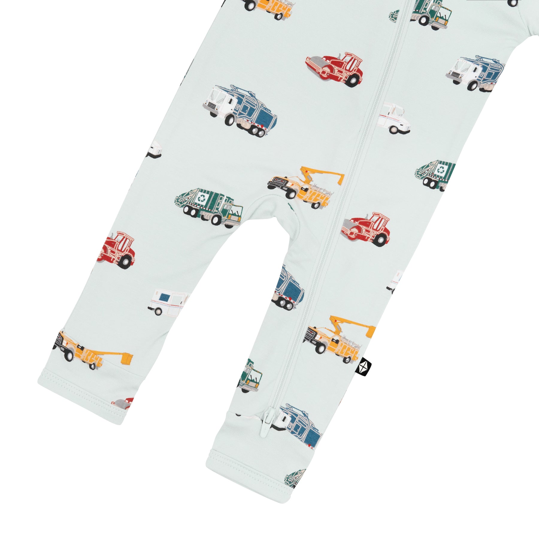 The zipper closure show on the leg of the Zippered Romper in City Vehicles