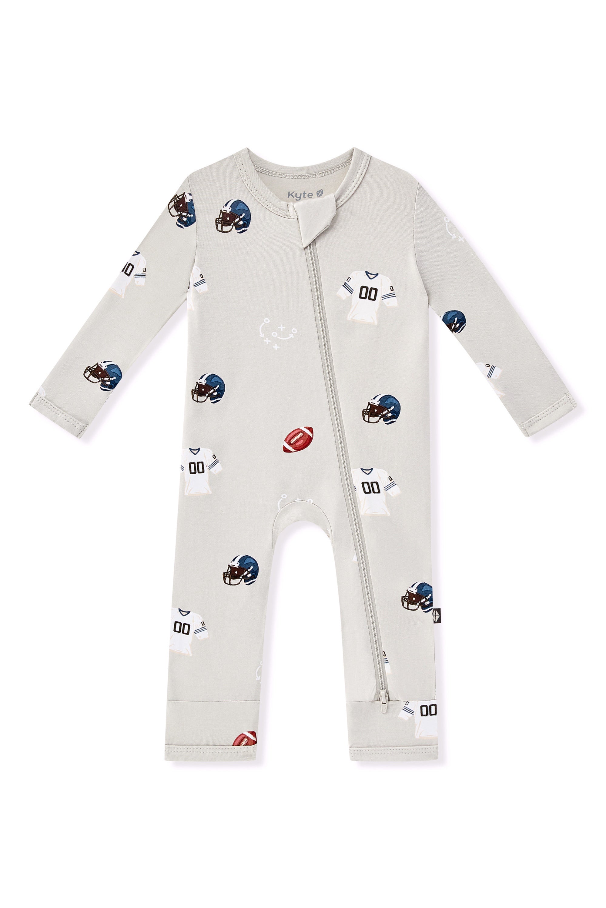 Zippered Romper in Vintage Football print on a white background