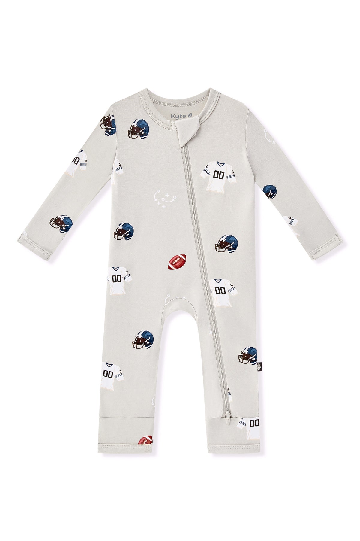 Zippered Romper in Vintage Football print on a white background