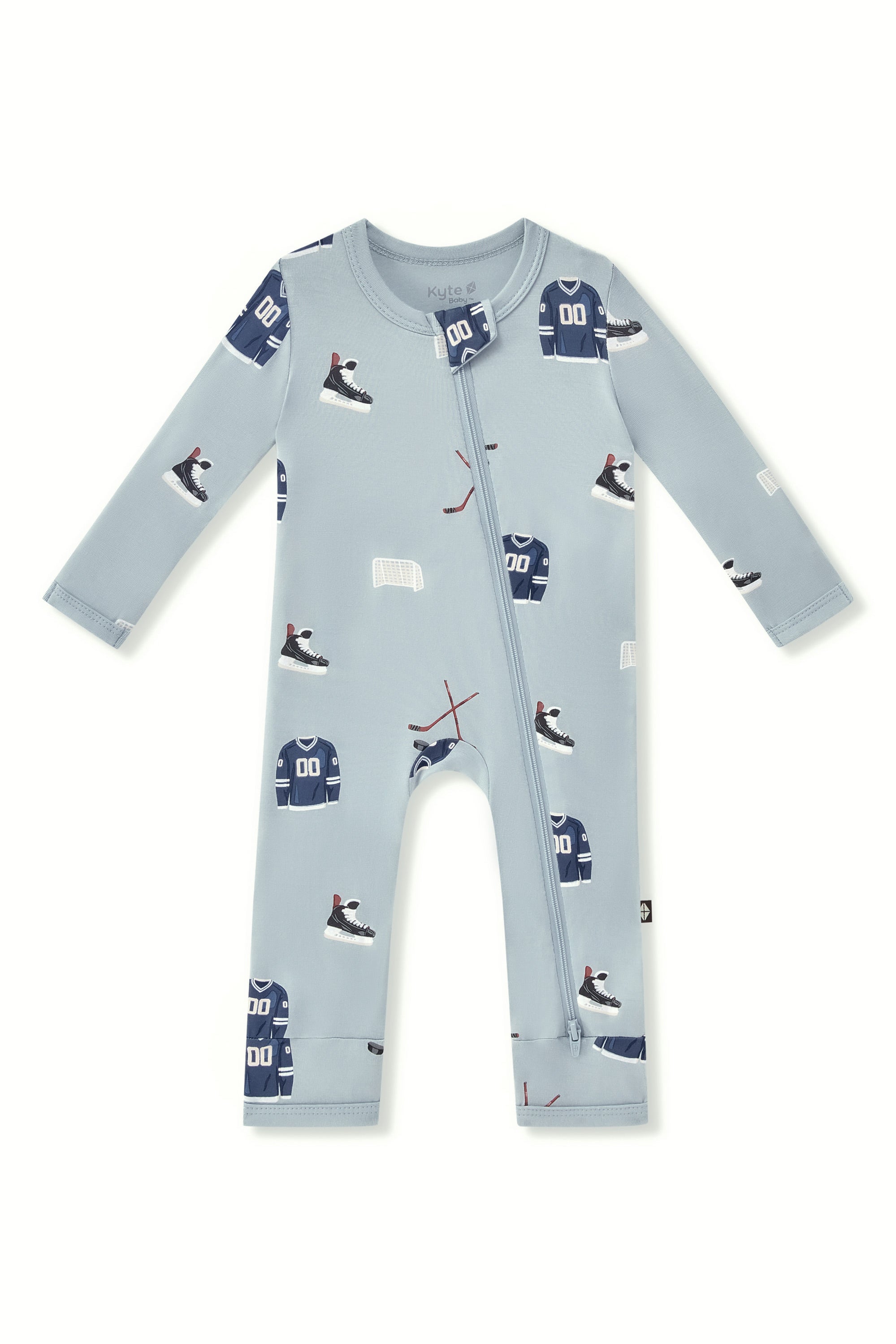 Zippered Romper in Vintage Hockey print on a white background