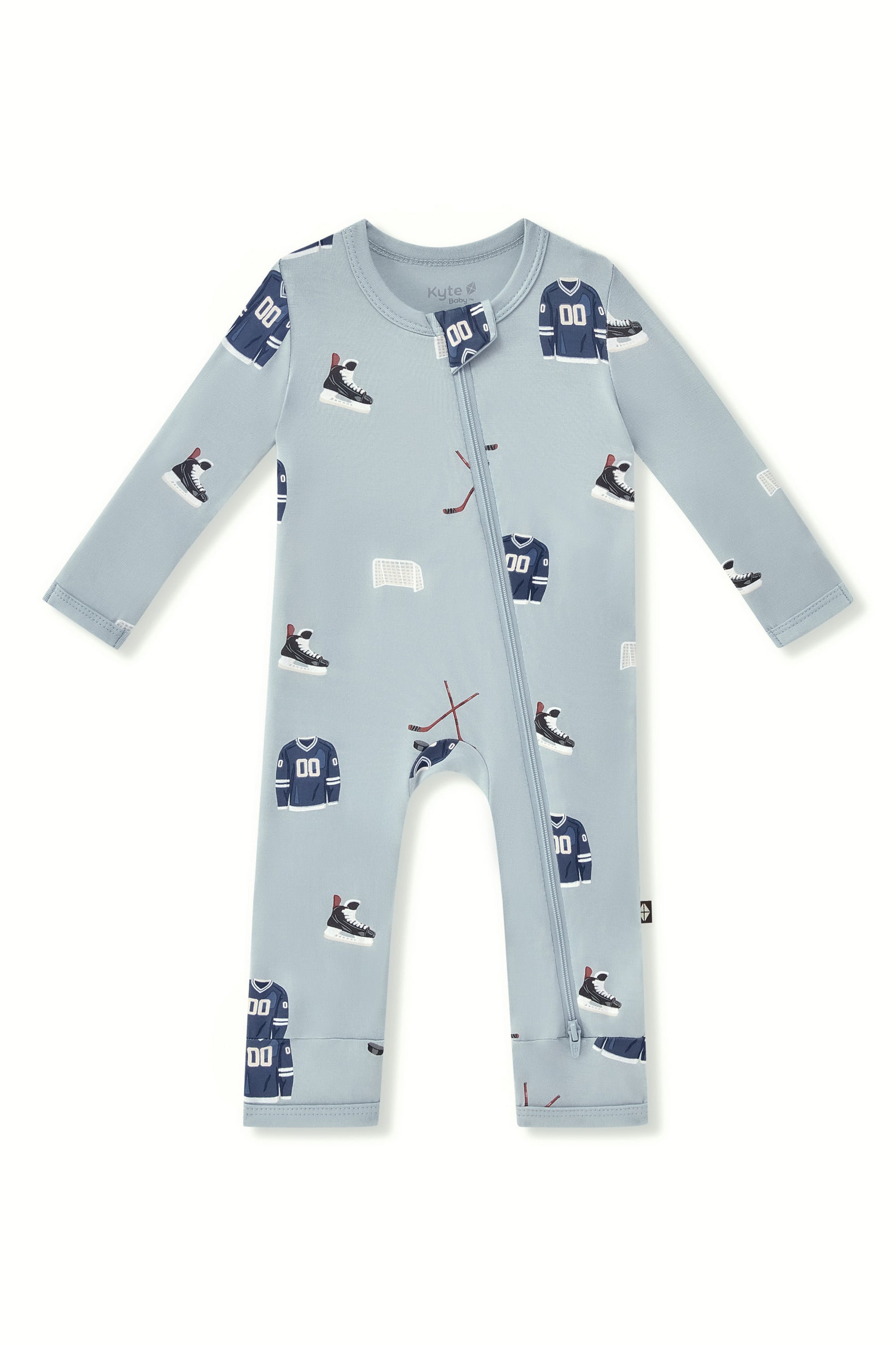 Zippered Romper in Vintage Hockey print on a white background