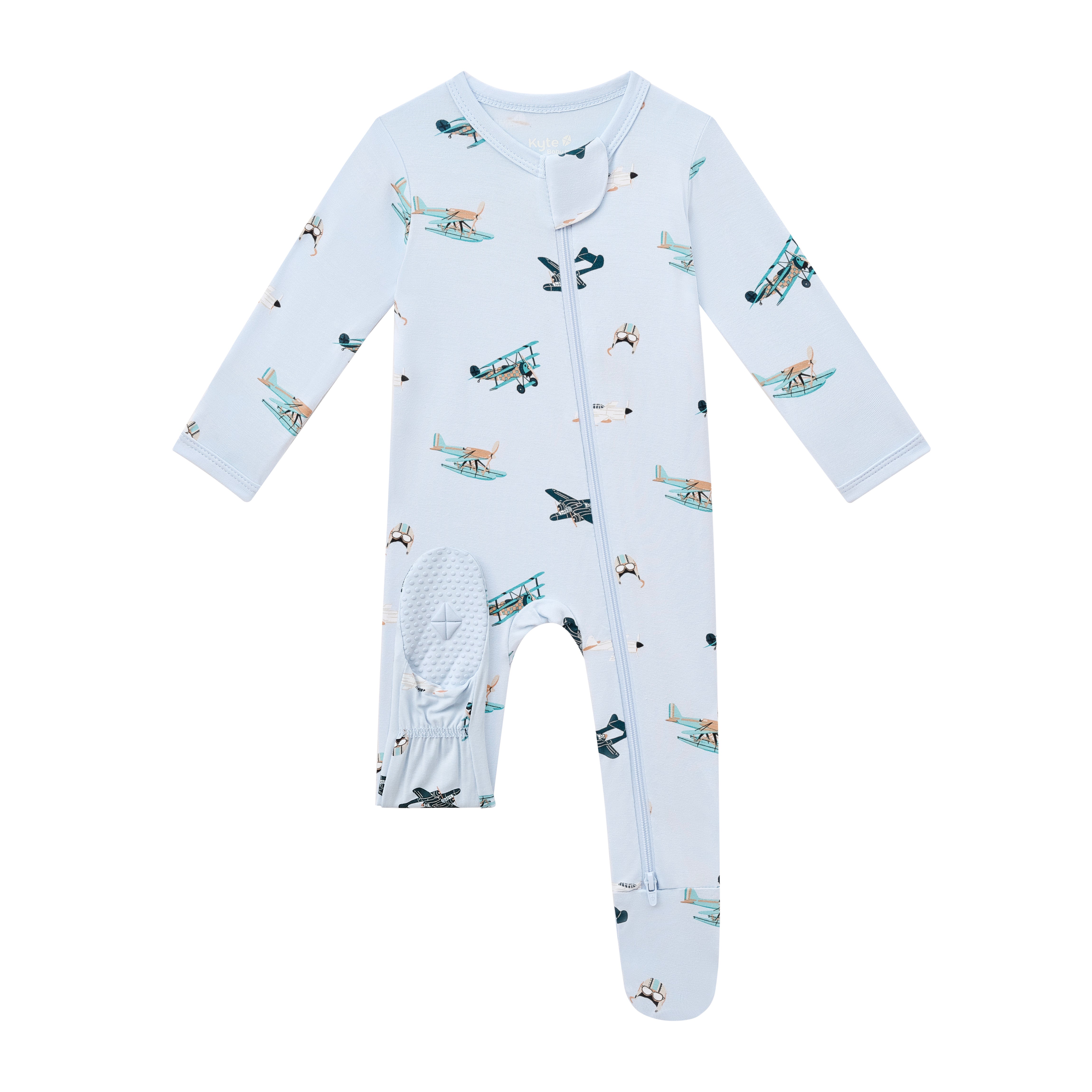 The baby blue foot pad shown on the Zippered Footie in Take Off