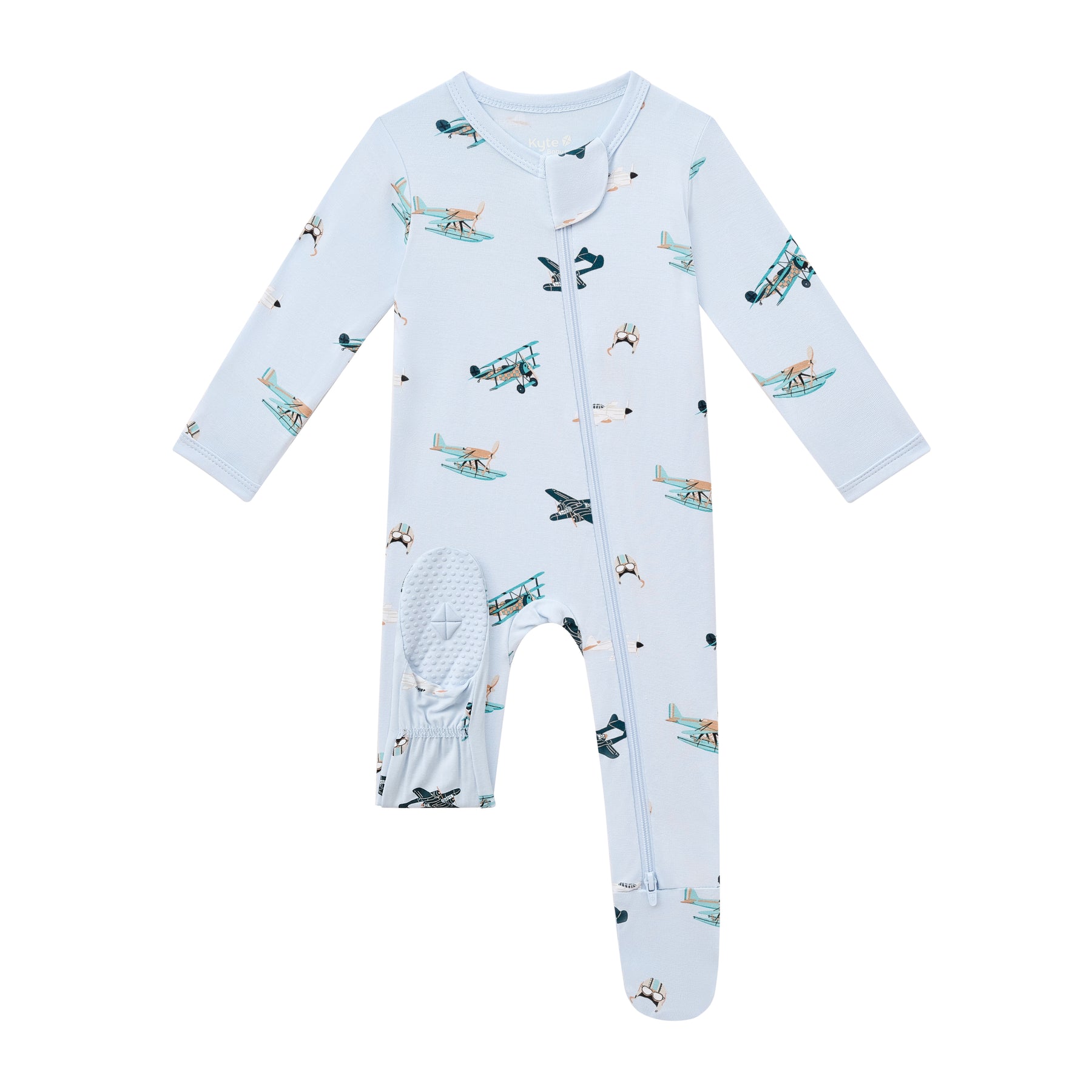 The baby blue foot pad shown on the Zippered Footie in Take Off