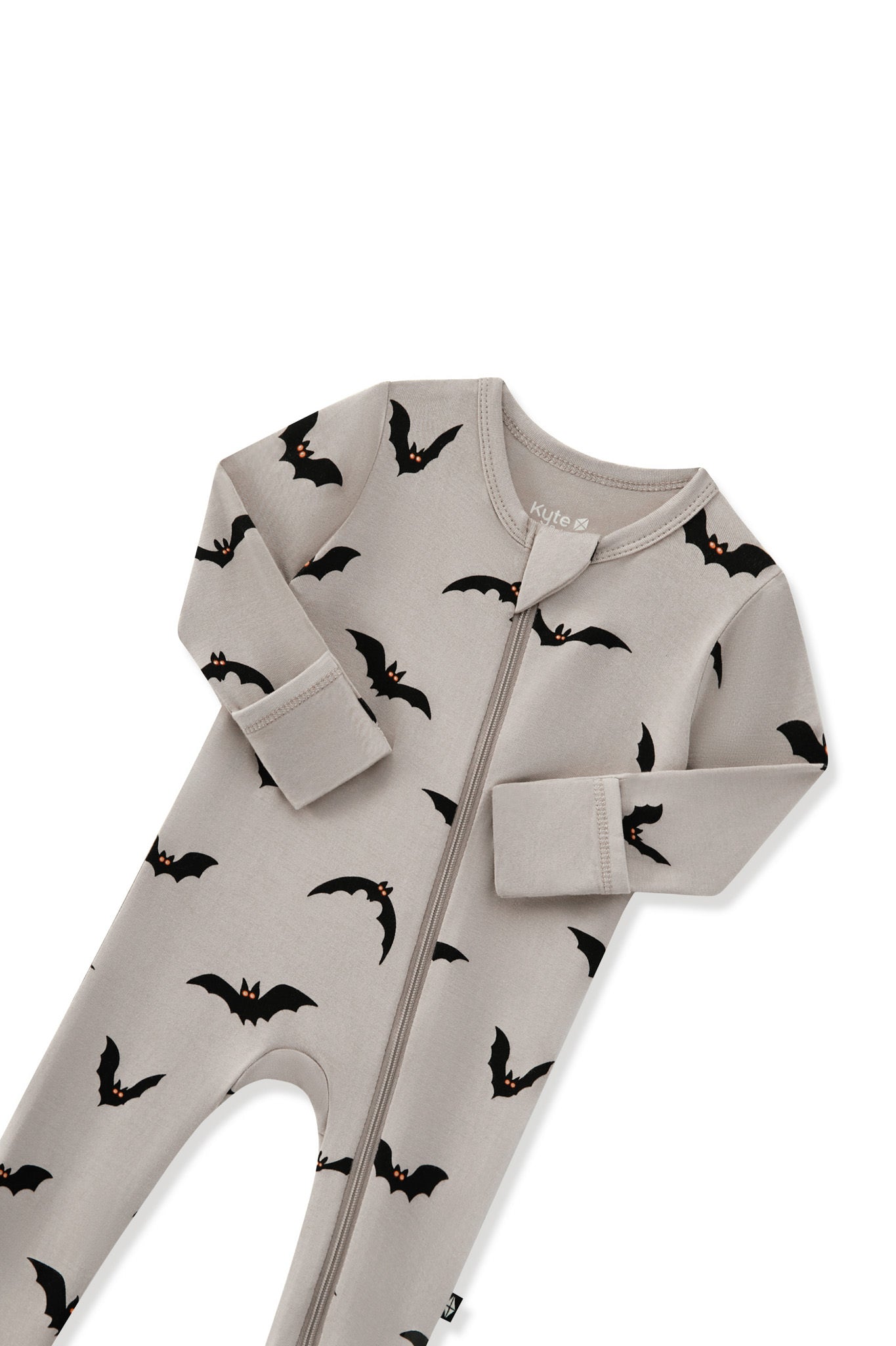 Zippered Footie in Bats print with zipper garage on a white background