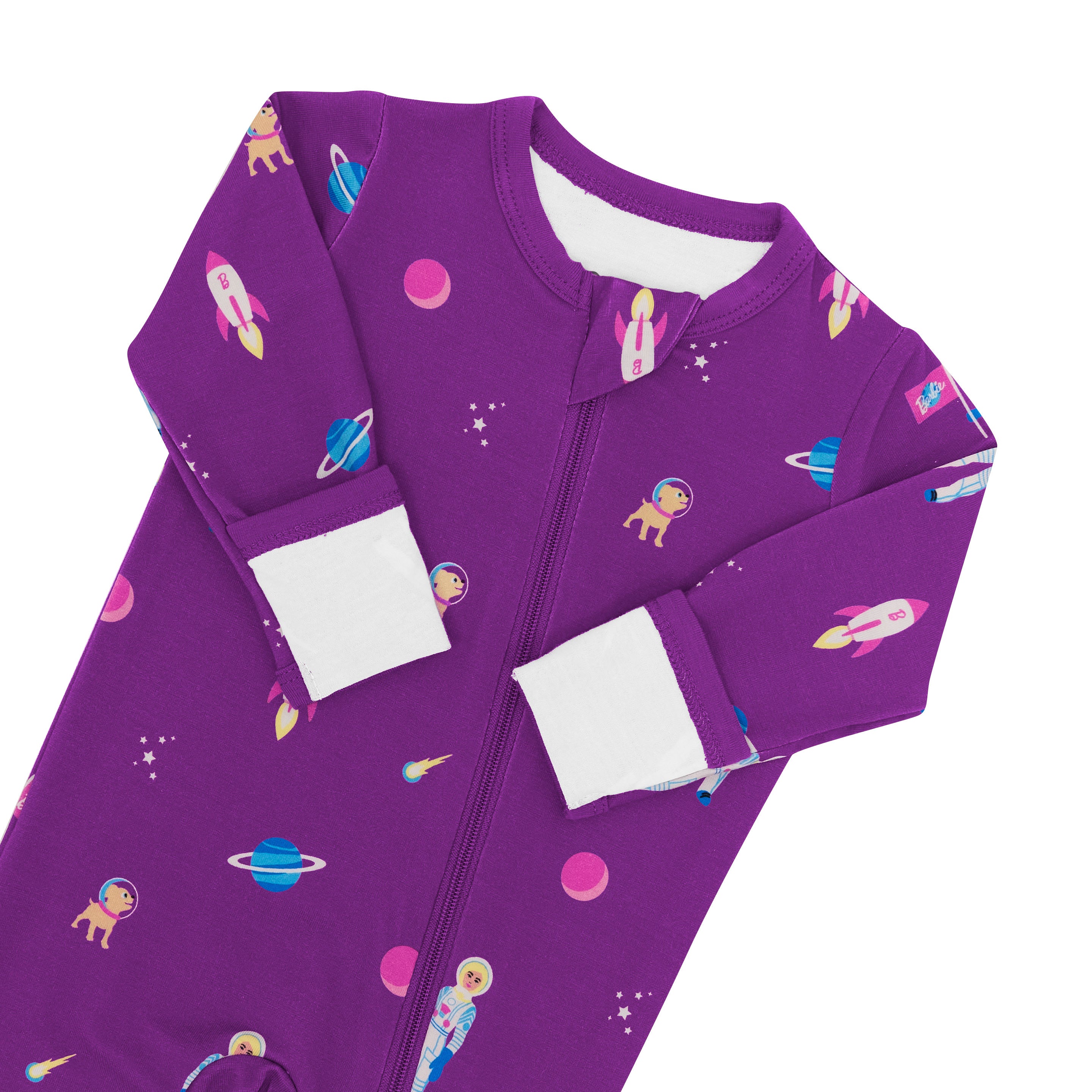 Zipper Footie in Barbie™ Astronaut showing foldable mittens