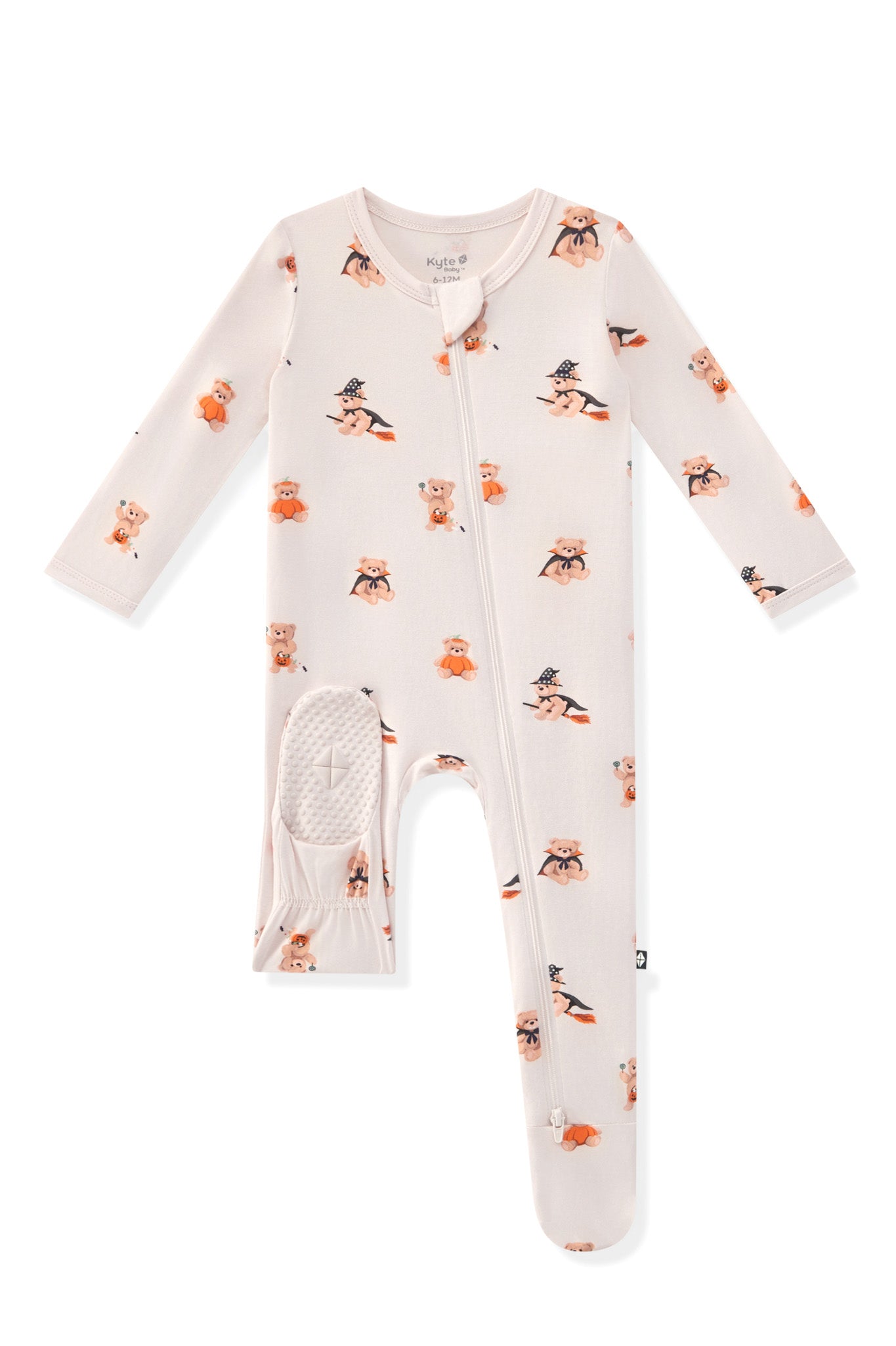 Beige Zippered Footie in Halloween Teddy print on a white background