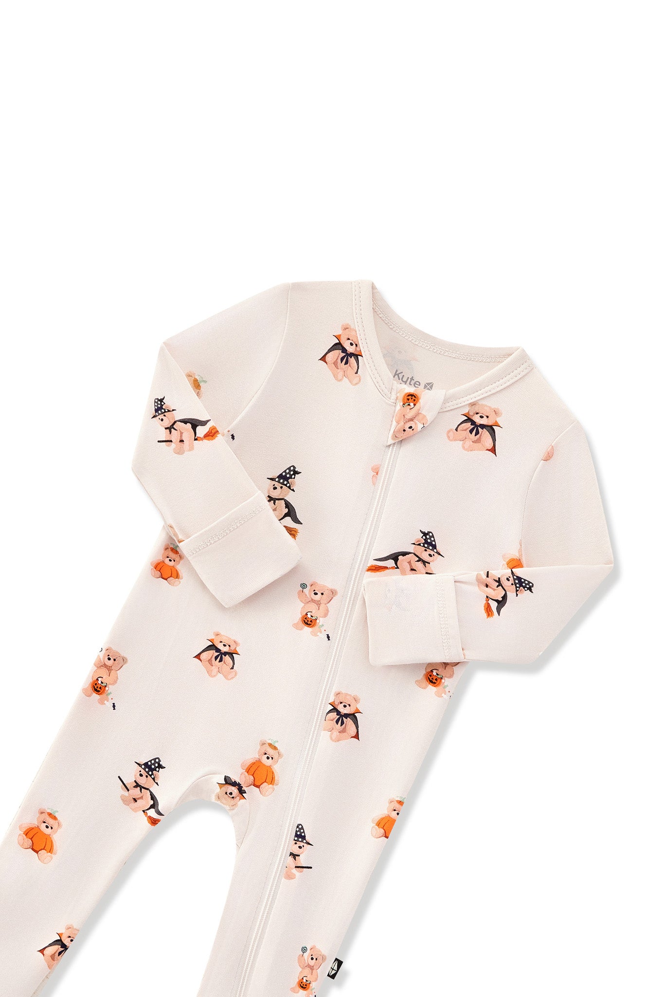 Beige Zippered Footie in Halloween Teddy print with zipper garage on a white background