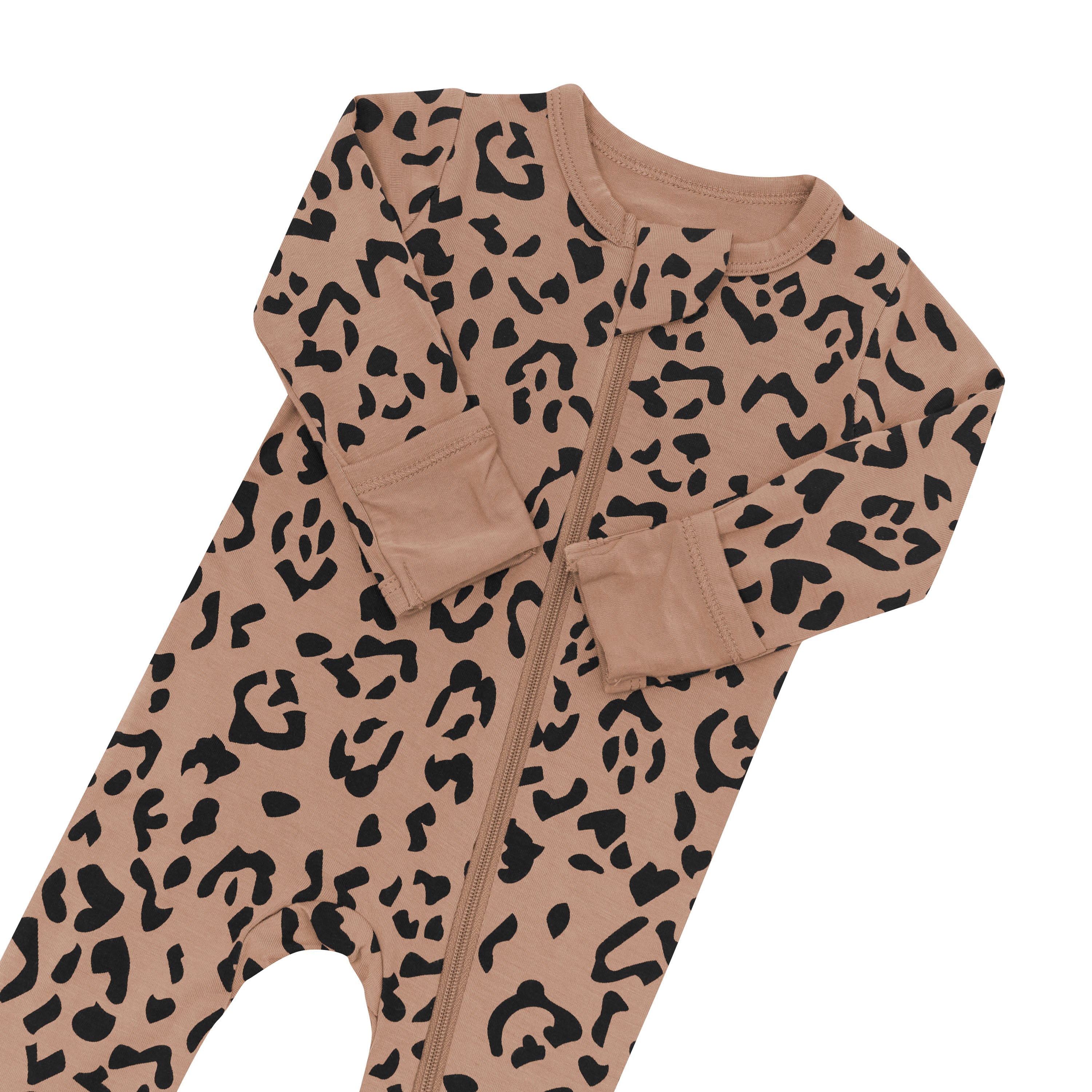 Zipper garage and fold over cuffs on Zippered Footie in Latte Leopard