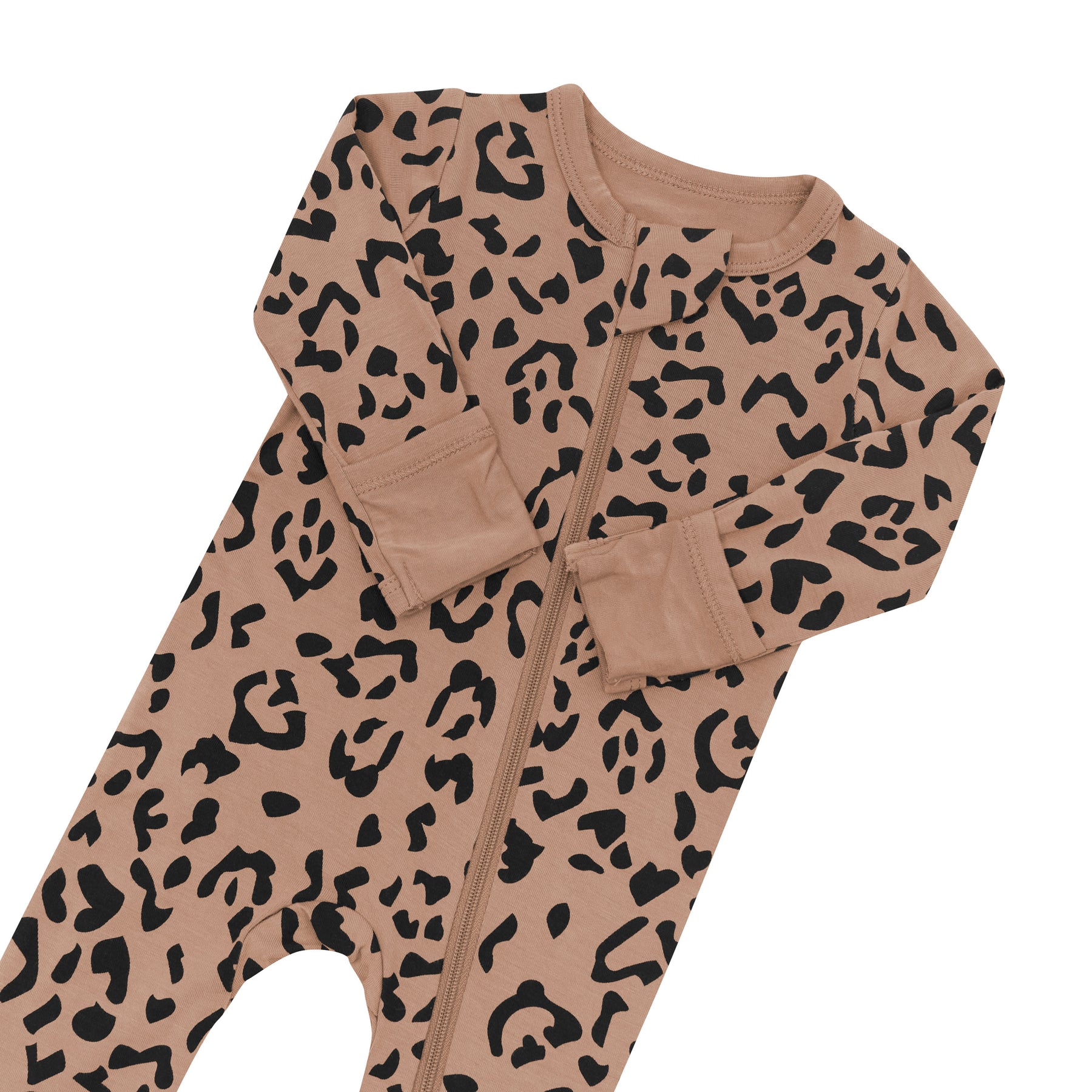 Zipper garage and fold over cuffs on Zippered Footie in Latte Leopard