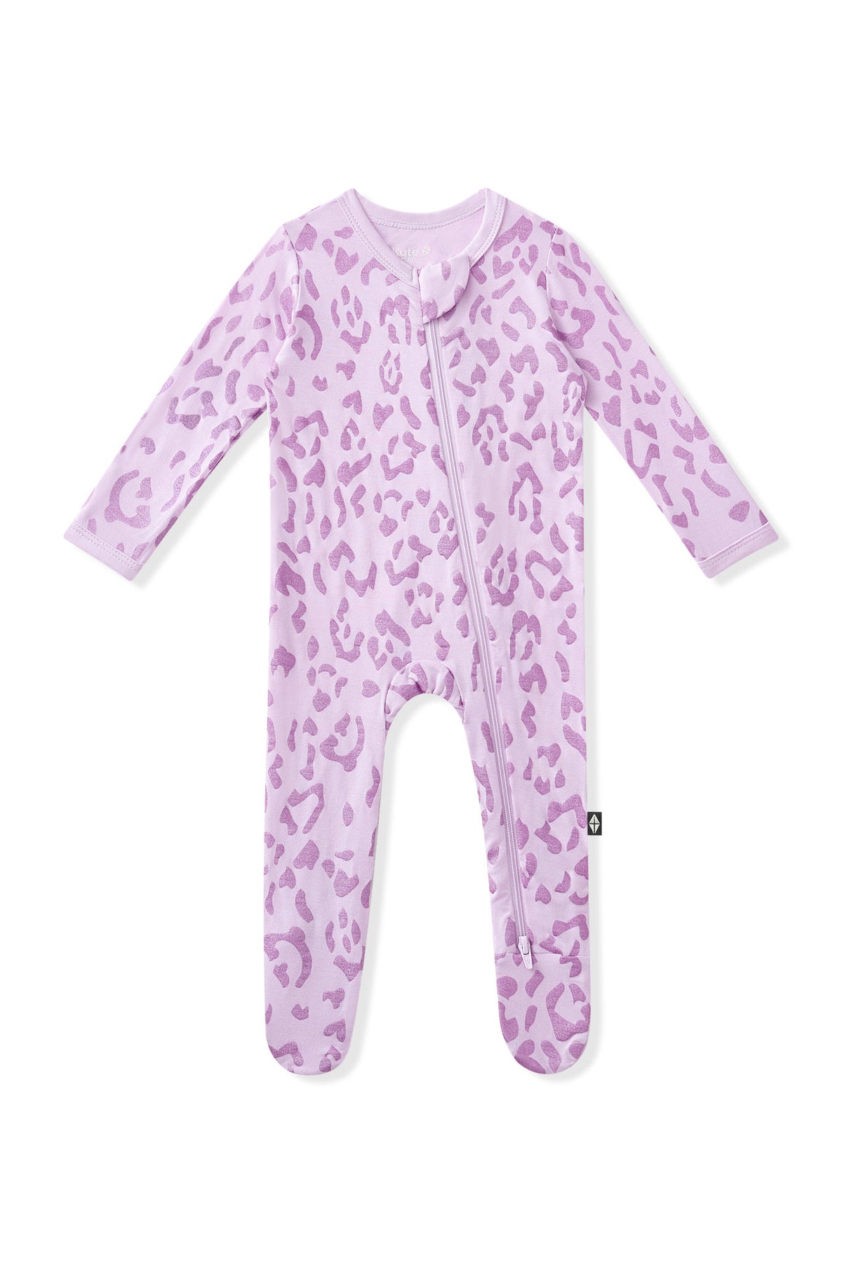 Zippered Footie in Thistle Leopard print on white background