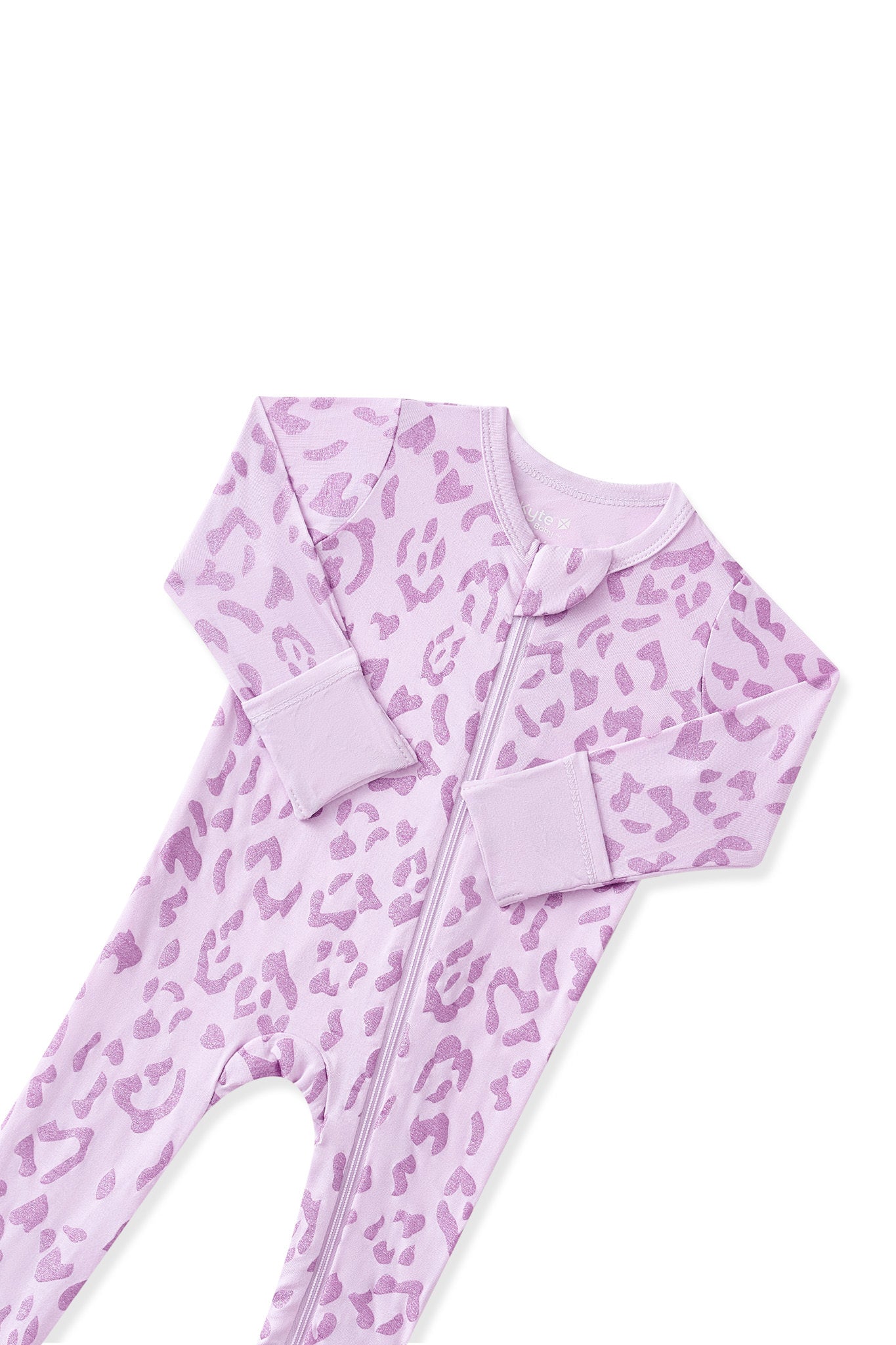 Top part of Zippered Footie in Thistle Leopard print on white background