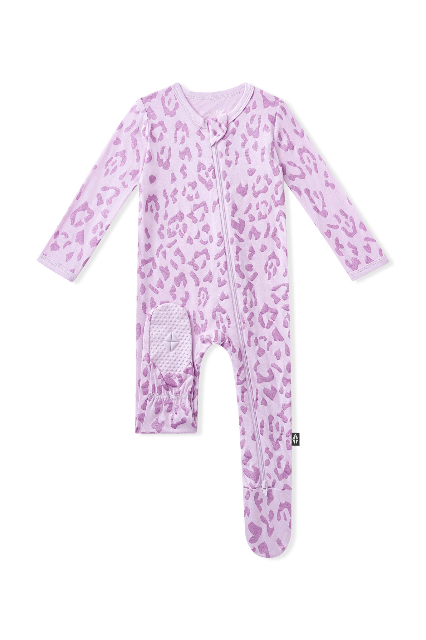 Bottom part of Zippered Footie in Thistle Leopard print on white background