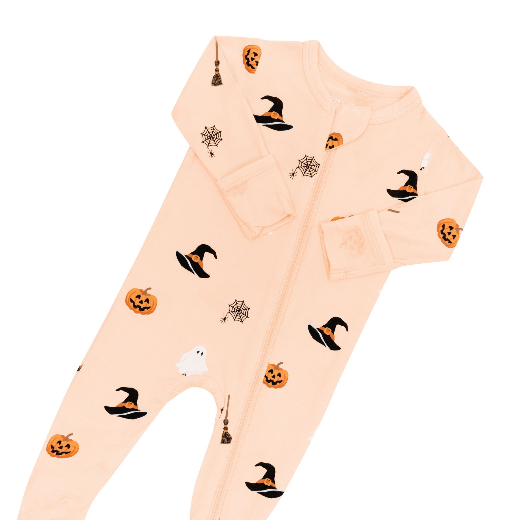 Close up of the zipper garage and fold over hand cuffs on the Zippered Footie in Bewitched