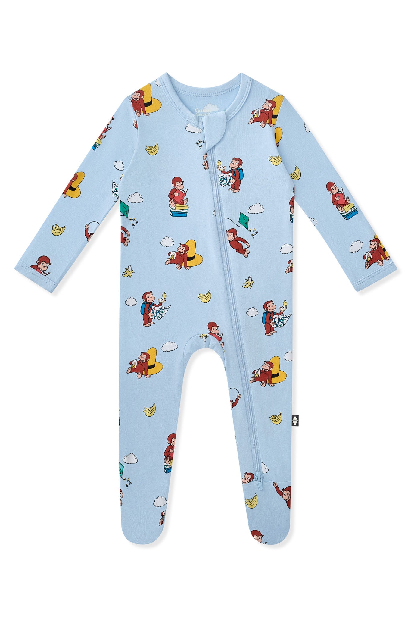 Blue Zippered Footie in Curious George print on a white background