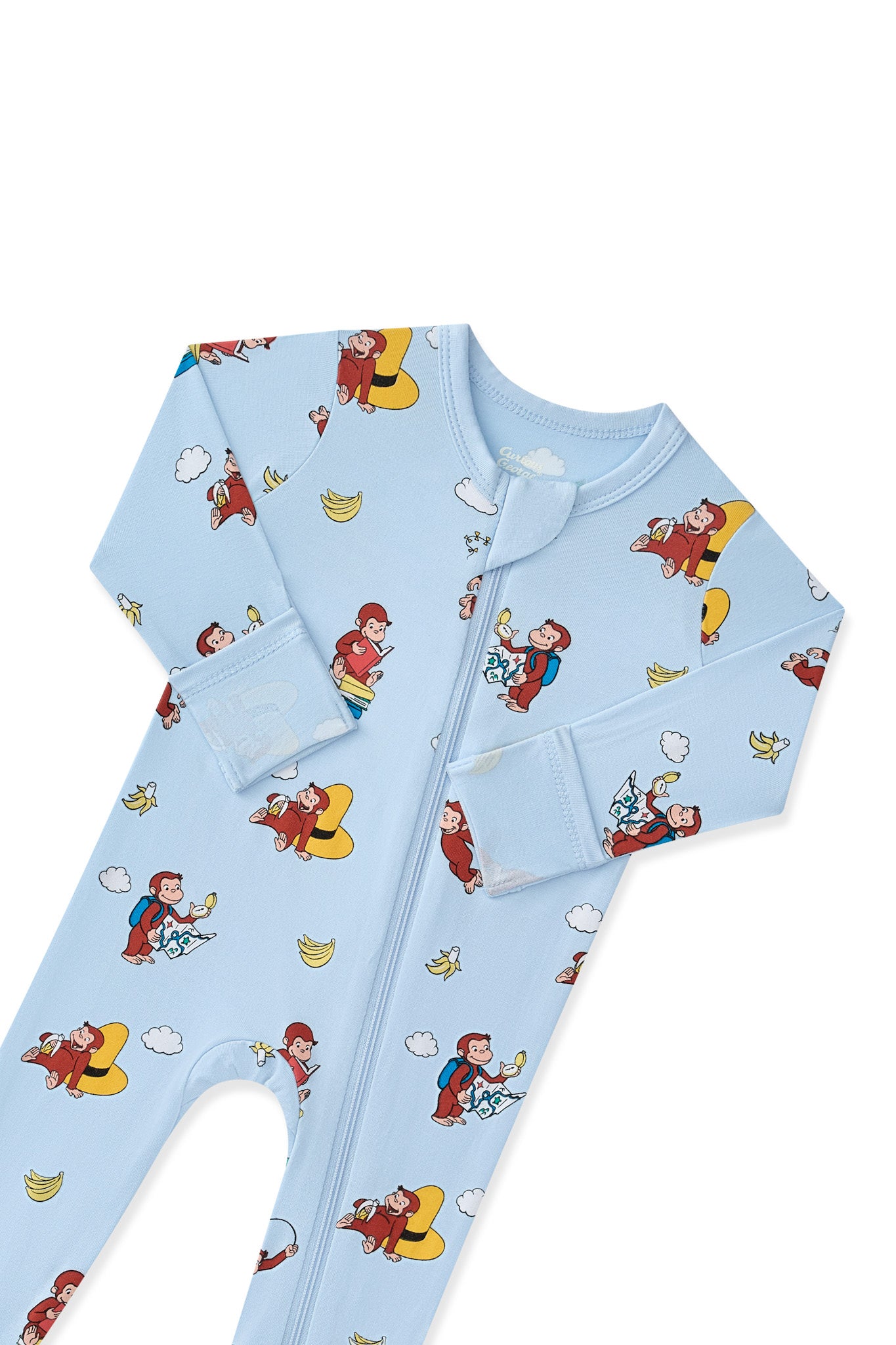 Blue Zippered Footie in Curious George print with zipper garage on a white background