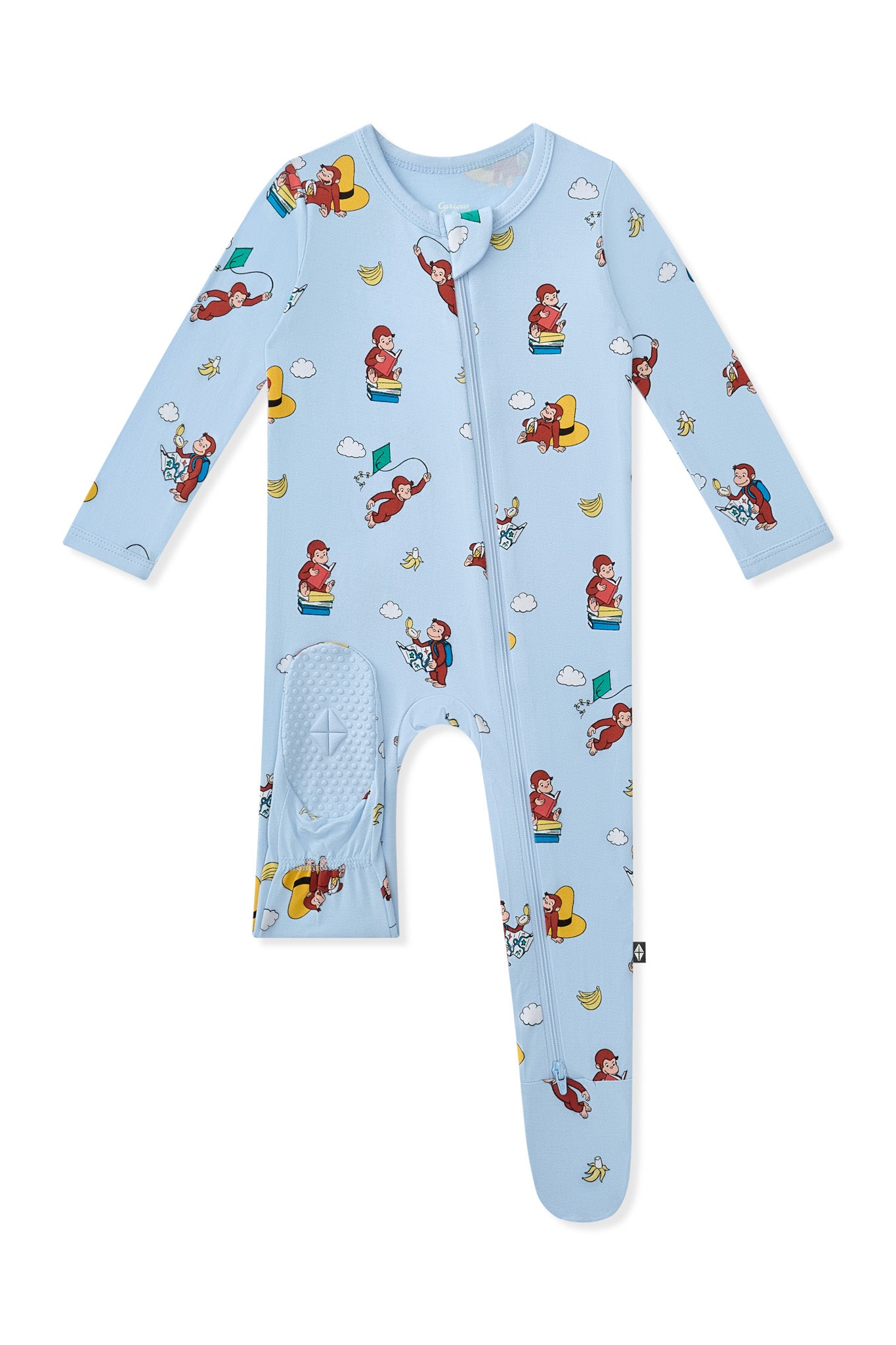 Blue Zippered Footie in Curious George print with dotted footie on a white background
