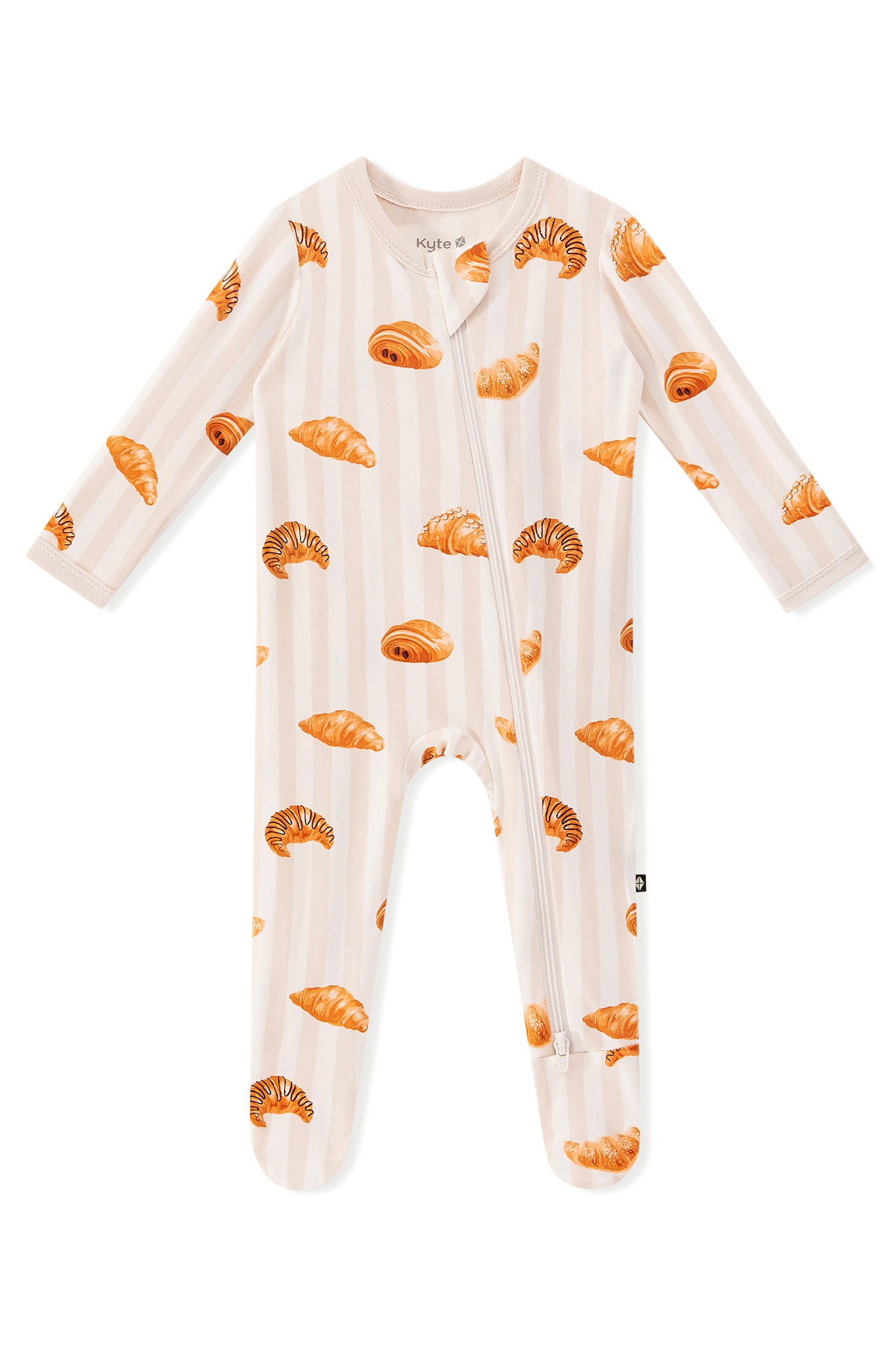 Zippered Footie in Croissant print on a white background