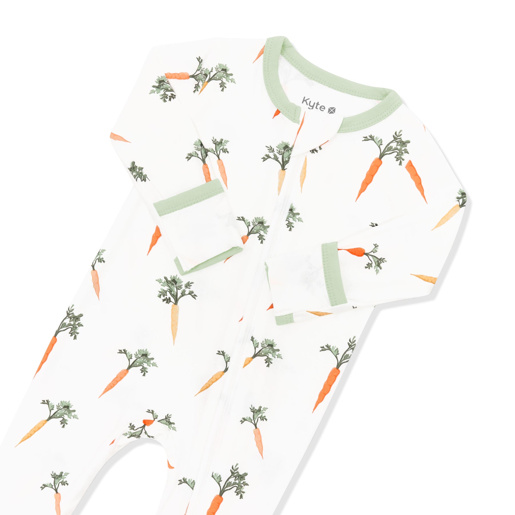 Zipper garage and fold over hand cuffs shown on the Zippered Footie in Carrot