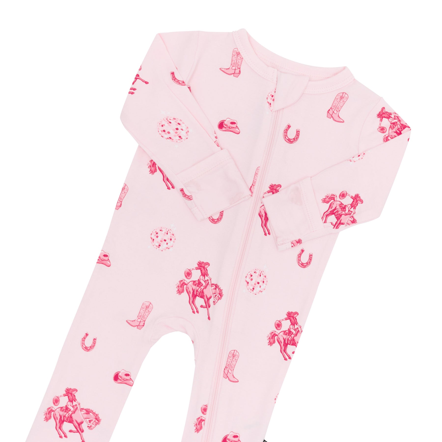 Close up of the zipper garage and fold over hand cuffs on the Zippered Footie in Disco Cowgirl