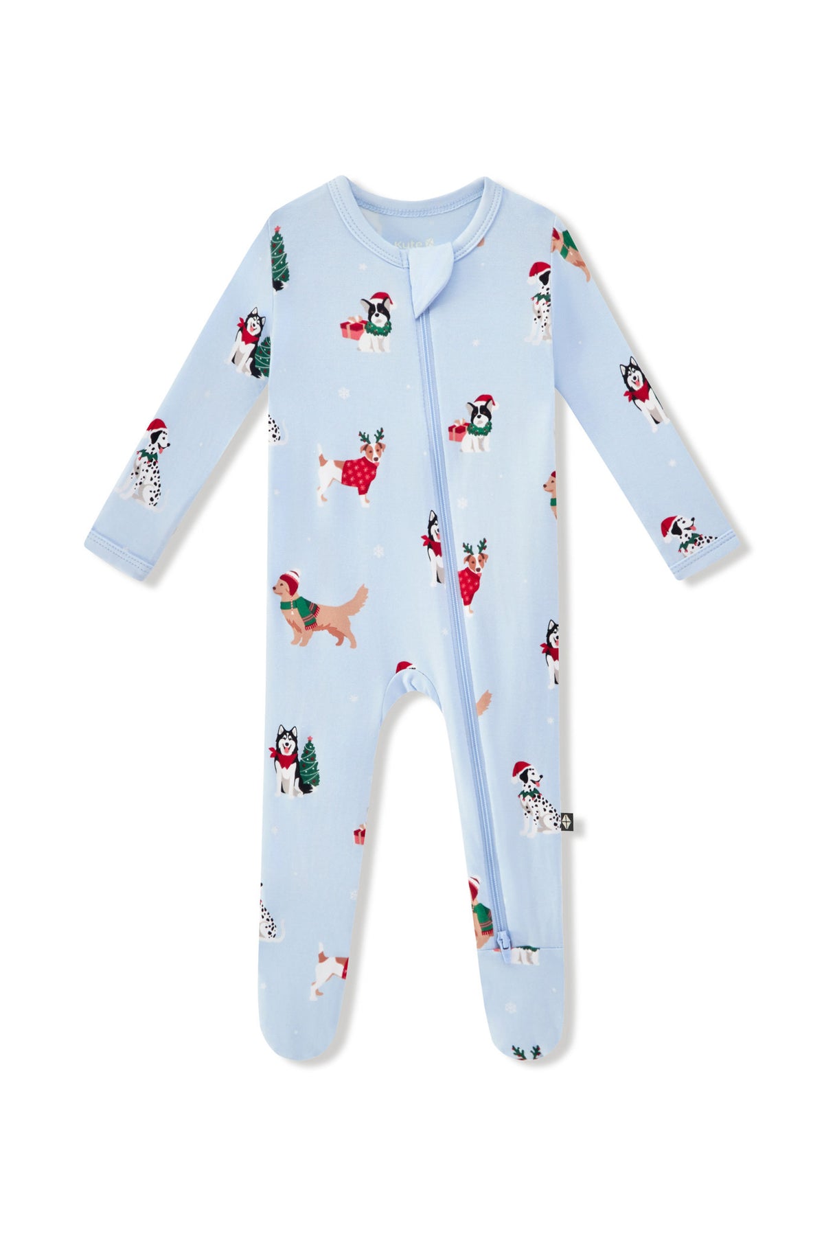 Blue Zippered Footie in Holiday Pups print on a white background