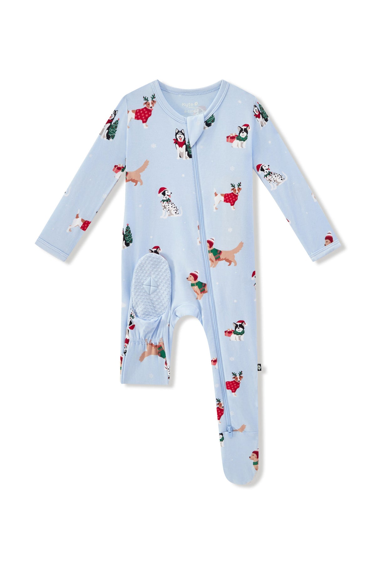 Blue Zippered Footie in Holiday Pups print with dotted footie on a white background