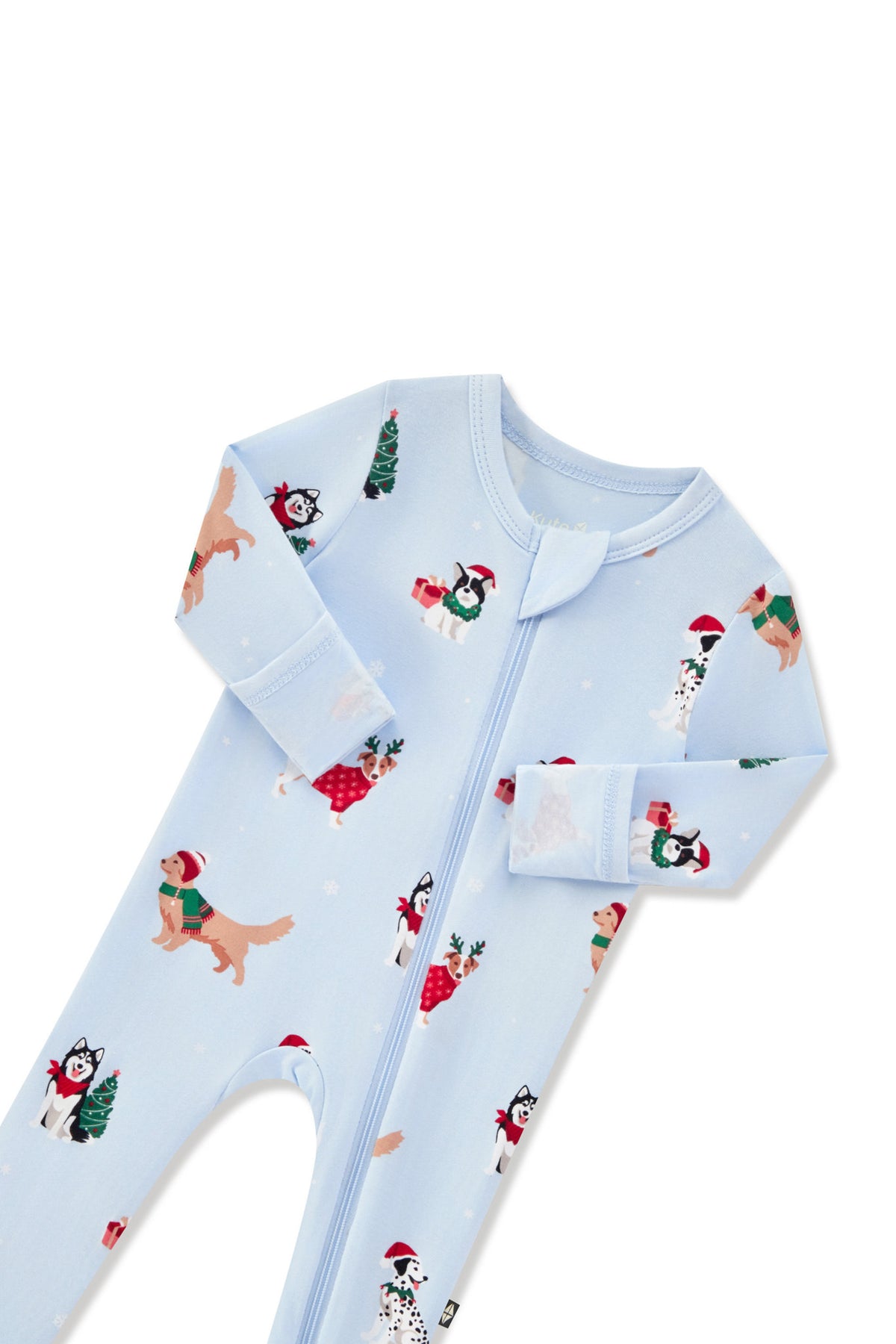 Blue Zippered Footie in Holiday Pups print with zipper garage on a white background