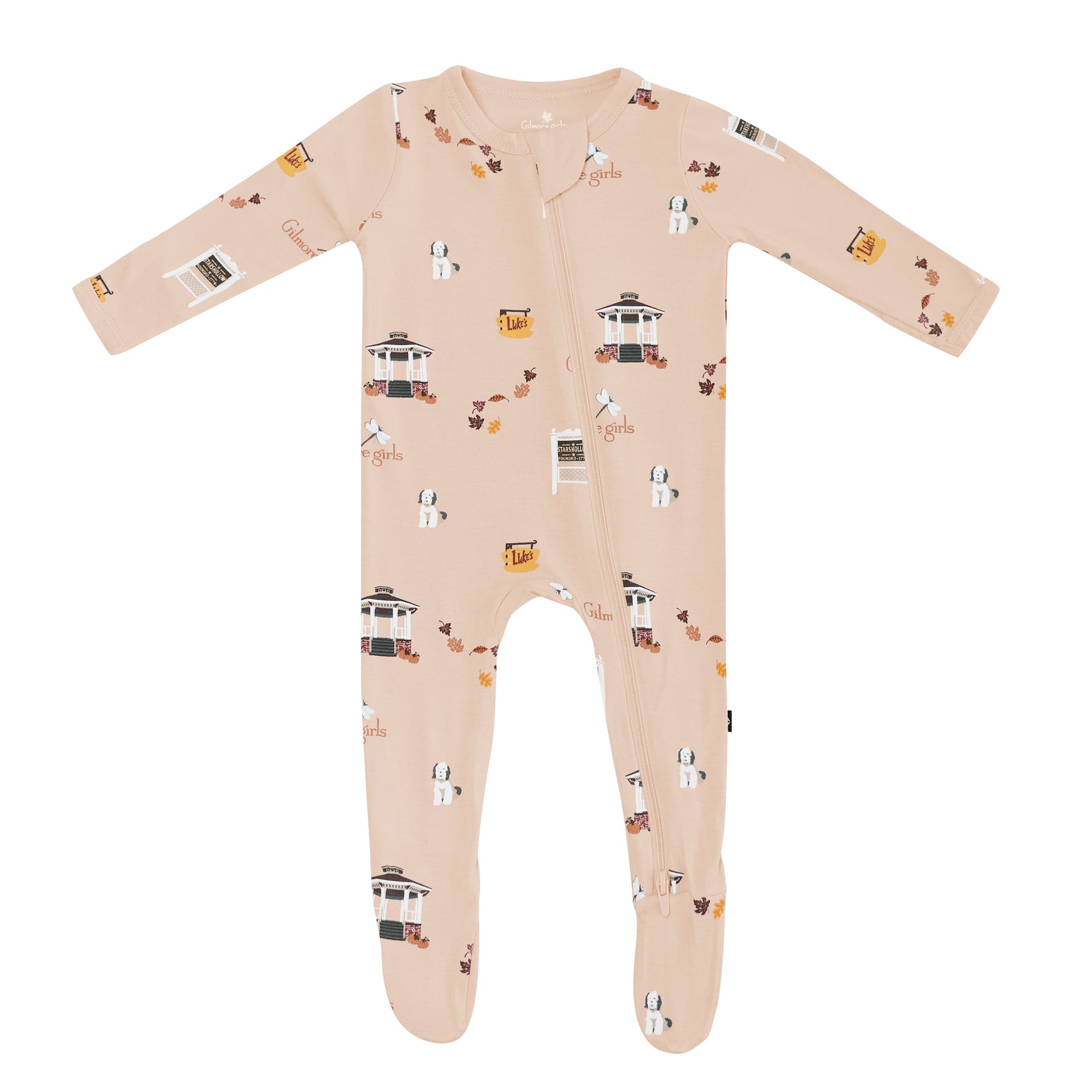 Baby zippered footie with Gilmore Girls pattern on a beige background