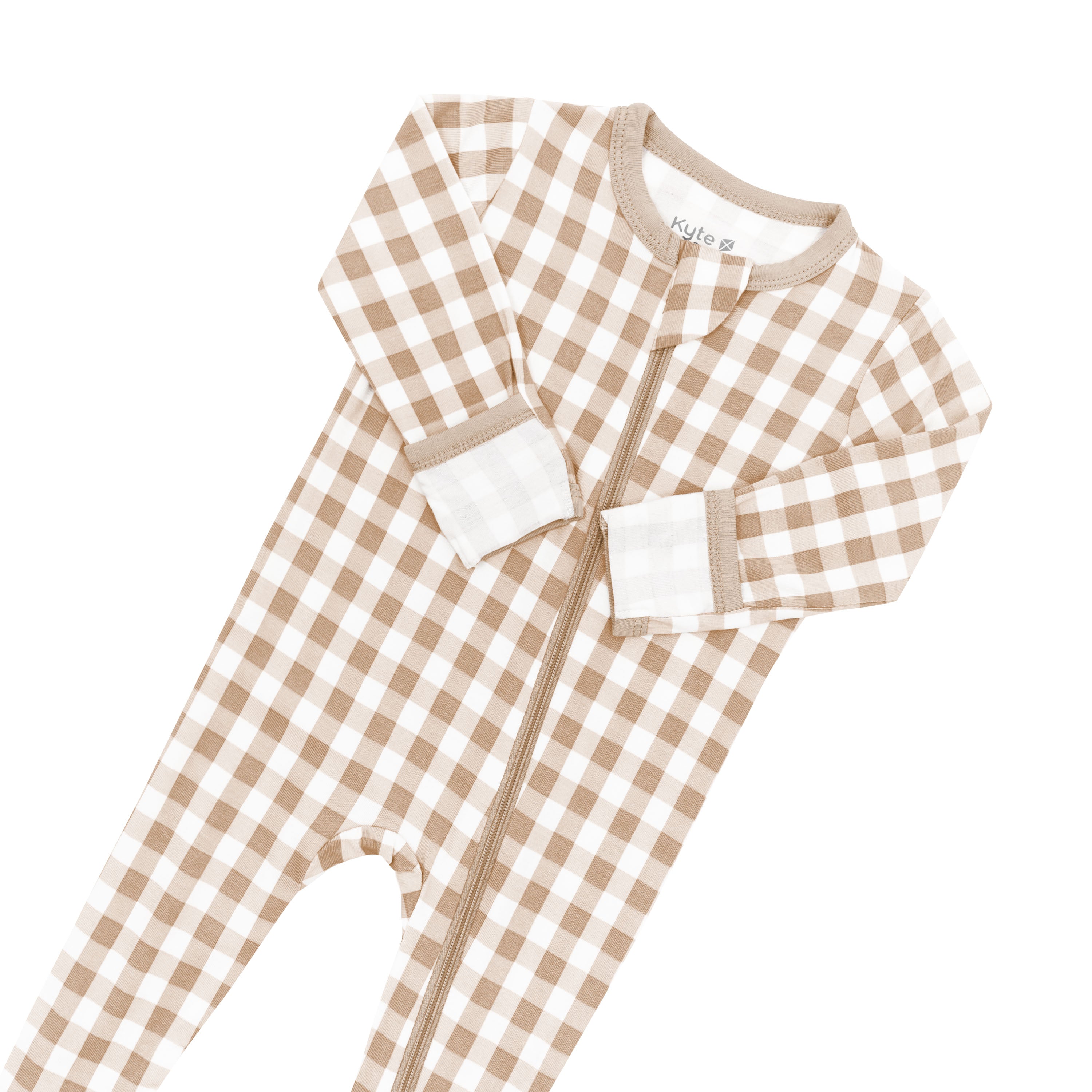 Zipper garage and fold over had cuffs on the Zippered Footie in Gingham Bisque