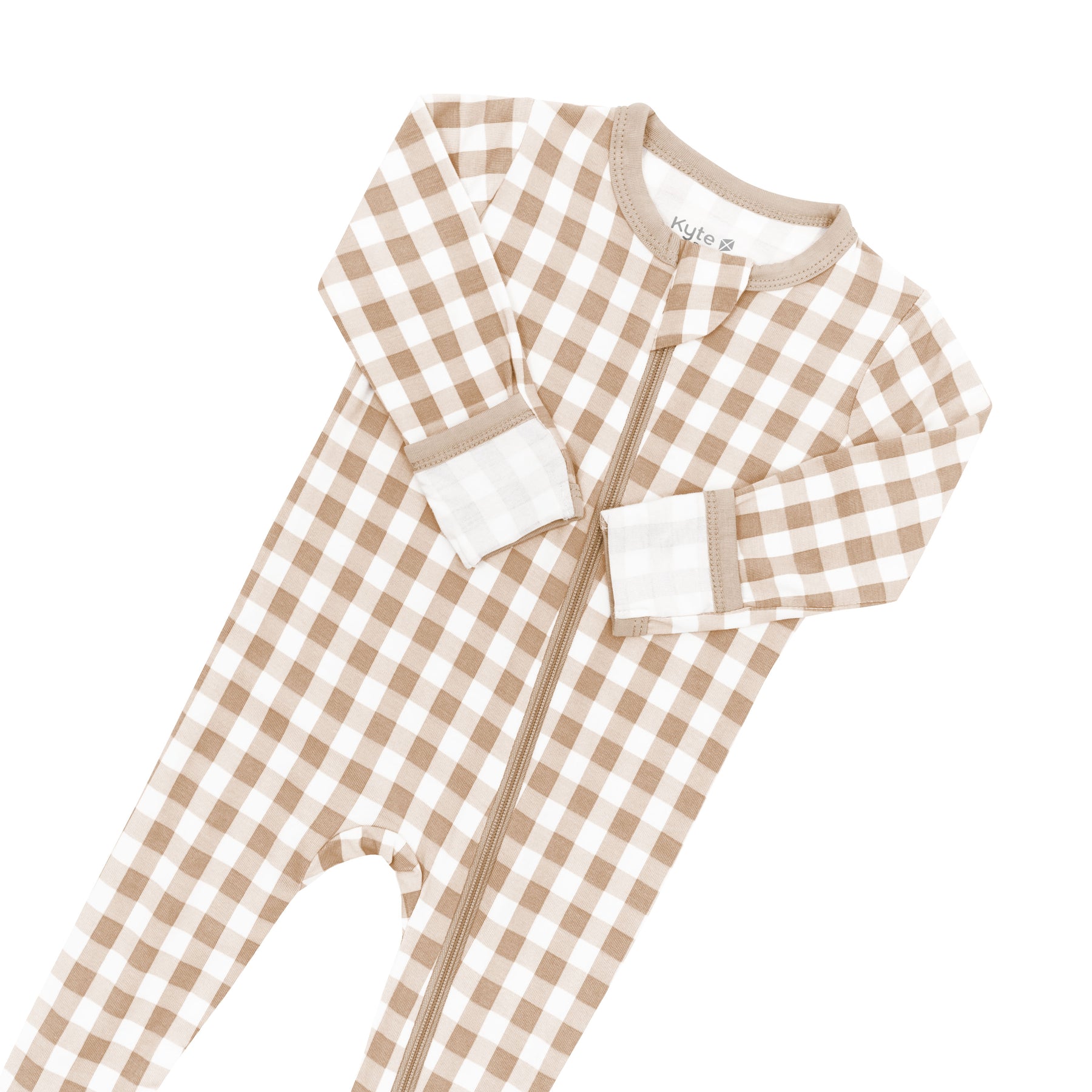 Zipper garage and fold over had cuffs on the Zippered Footie in Gingham Bisque