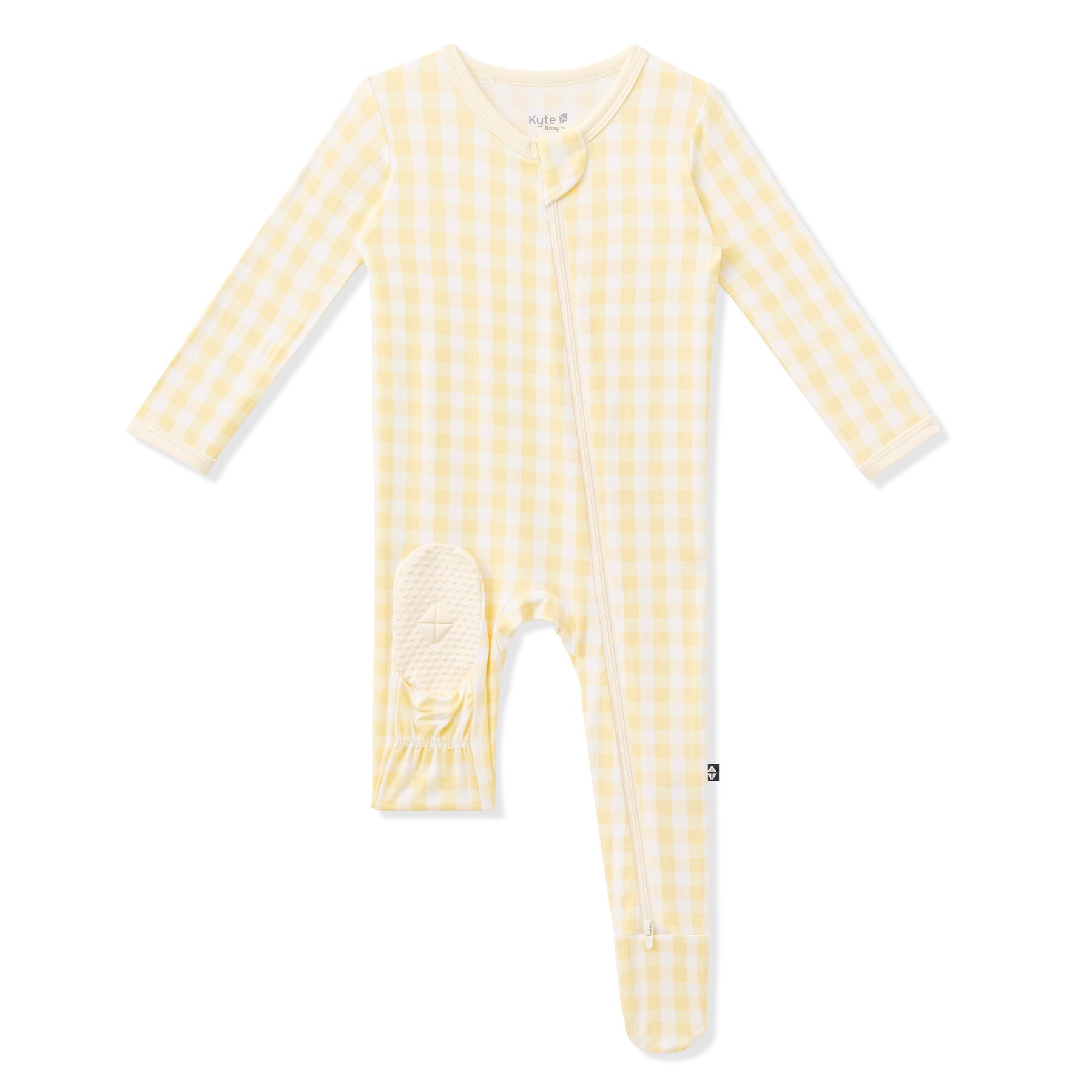 Light yellow foot pad shown on the Zippered Footie in Gingham Chamomile