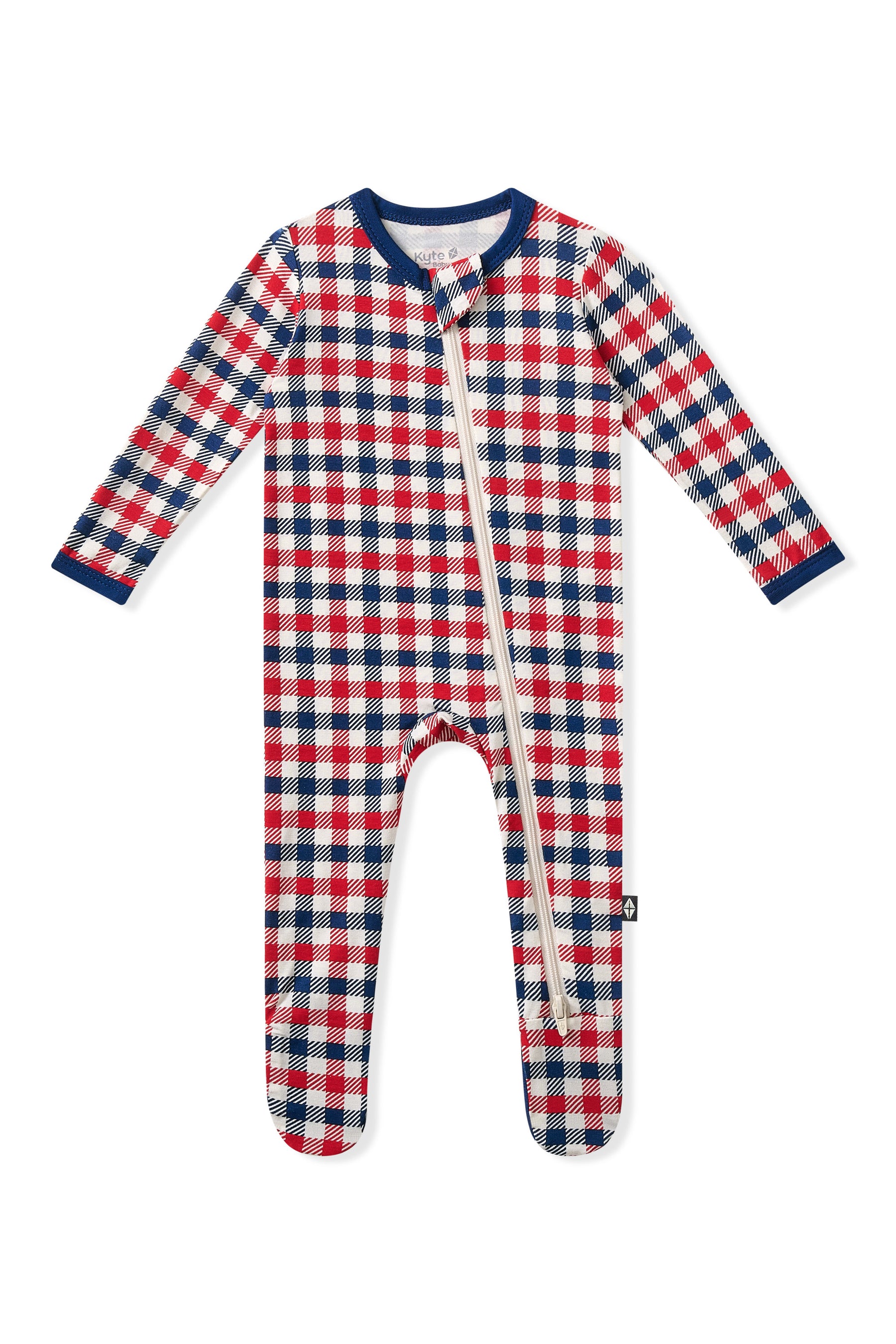 Zippered Footie in red blue and white Patriotic Gingham check print on a white background