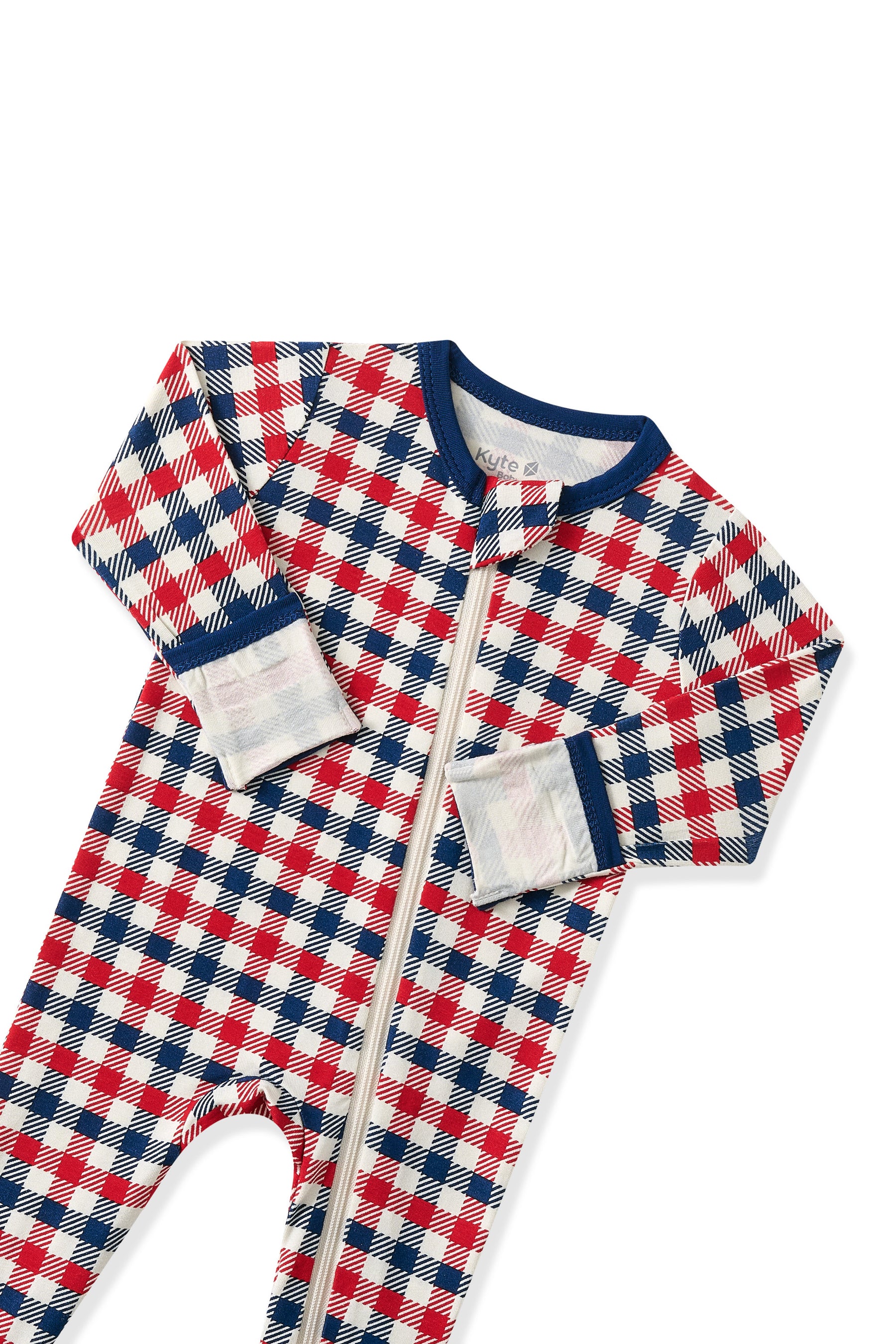 Zippered Footie in red blue and white Patriotic Gingham check print on a white background