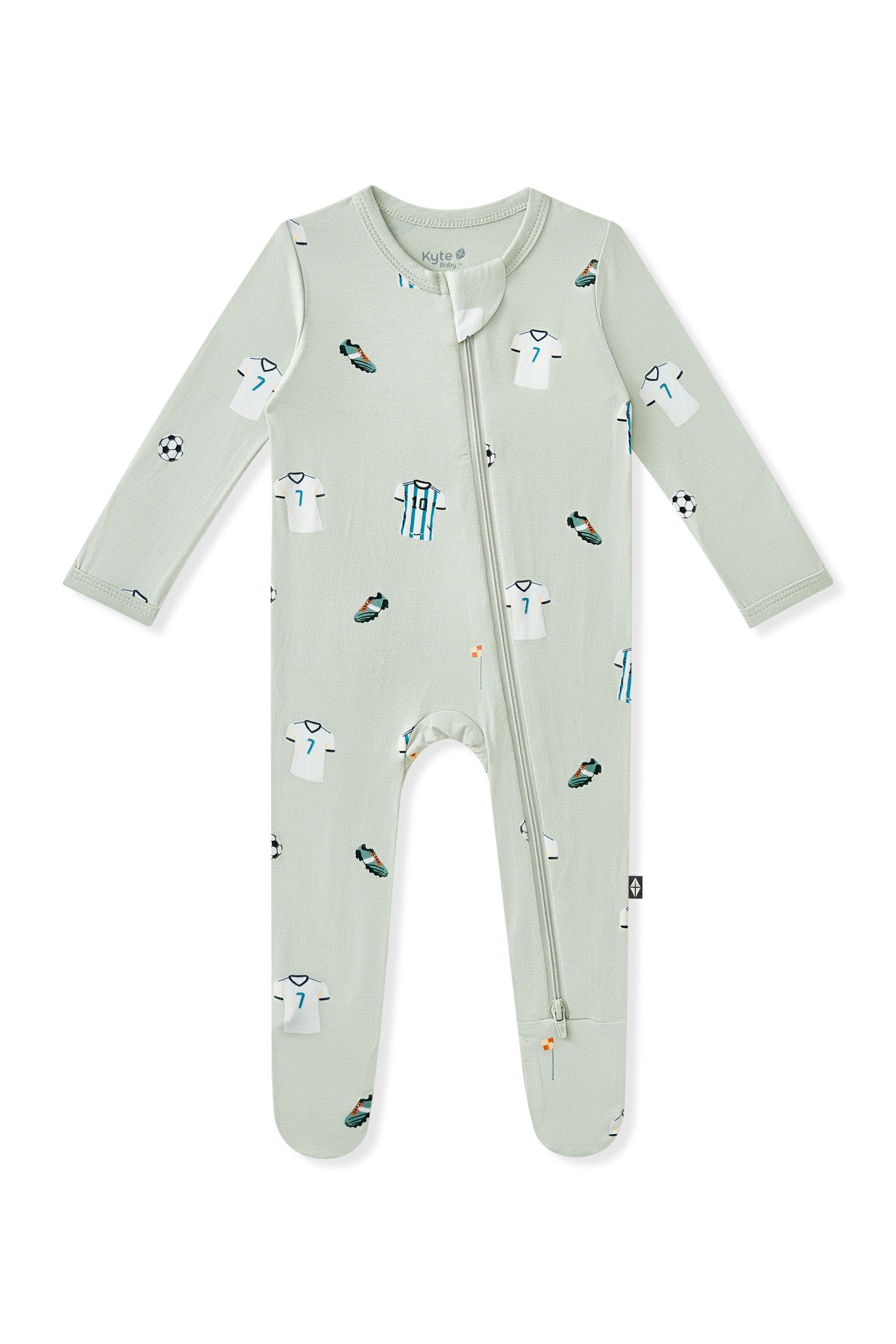 Zippered Footie in Soccer print on white background