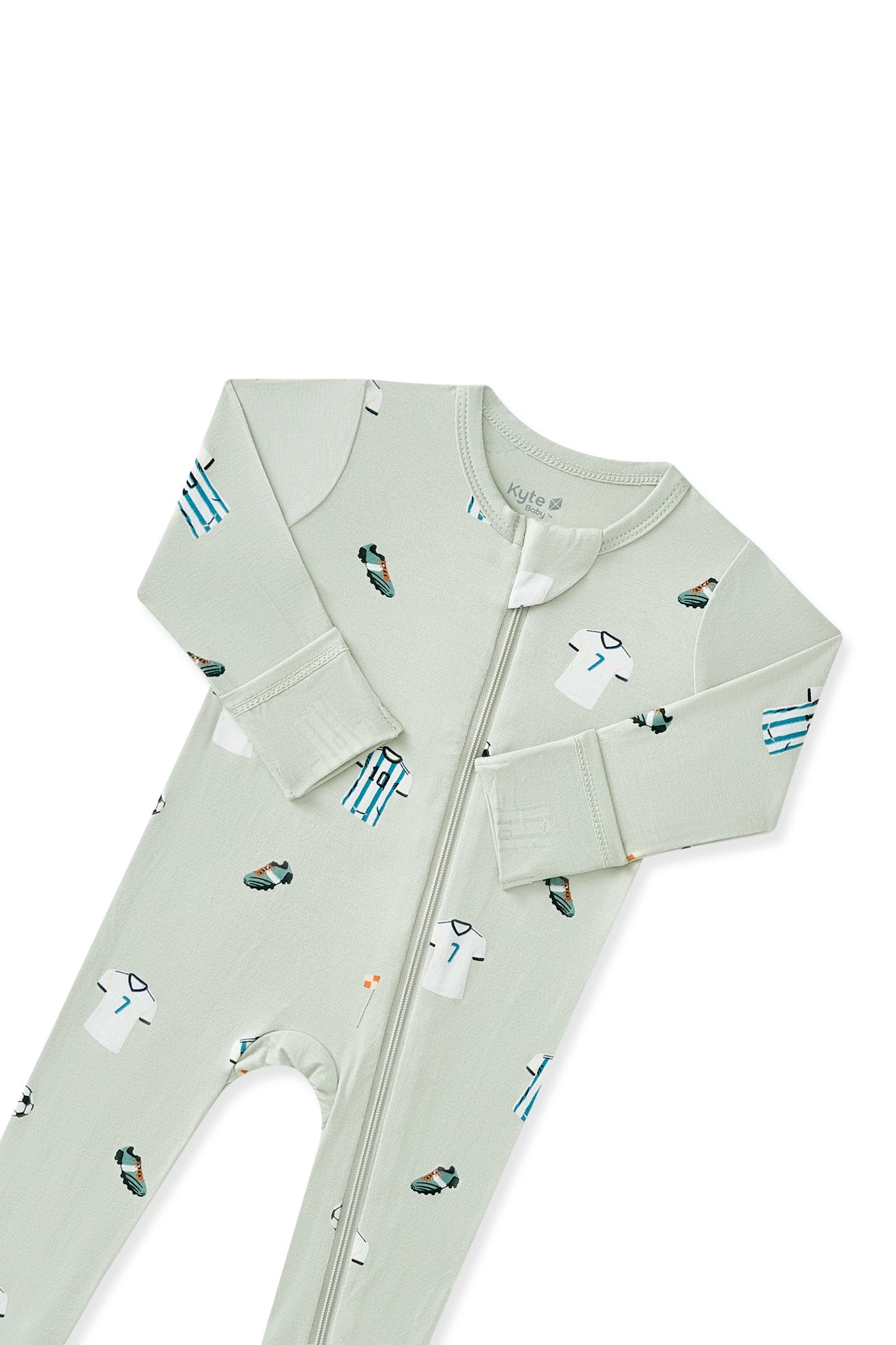 Top part of Zippered Footie in Soccer print on white background