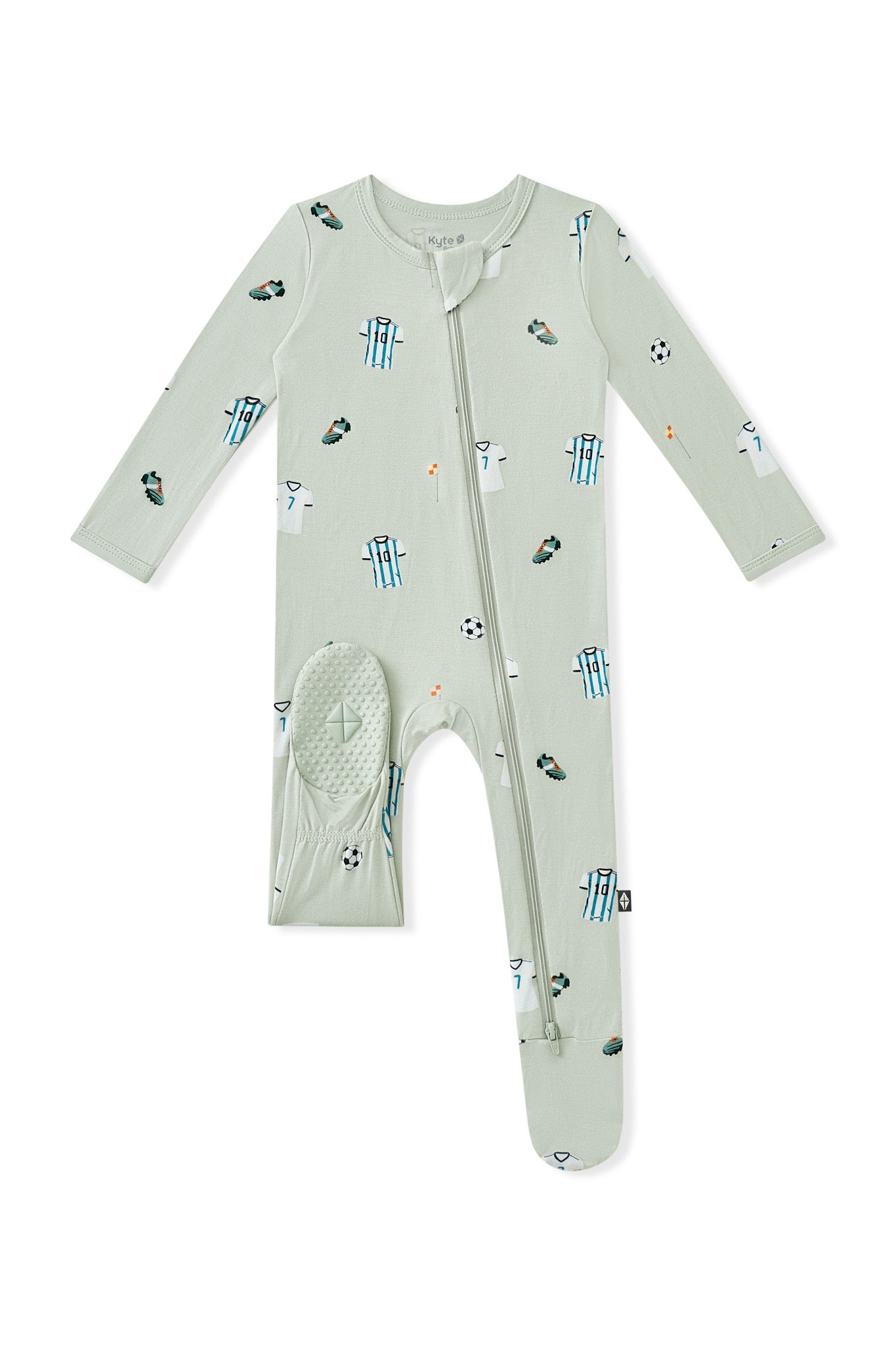 Bottom part of Zippered Footie in Soccer print on white background