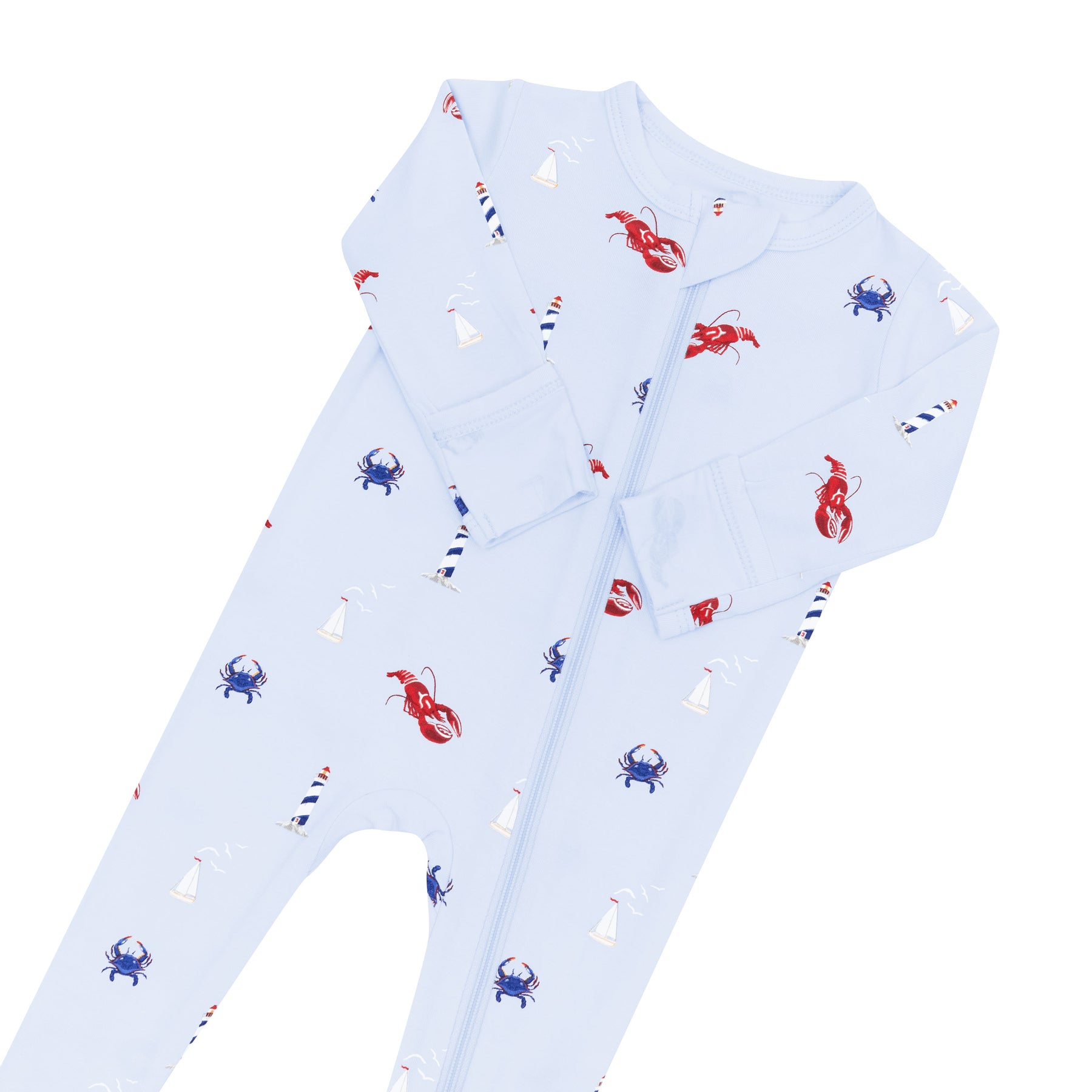 Zipper garage and fold over mittens shown on the Zippered Footie in Harbor