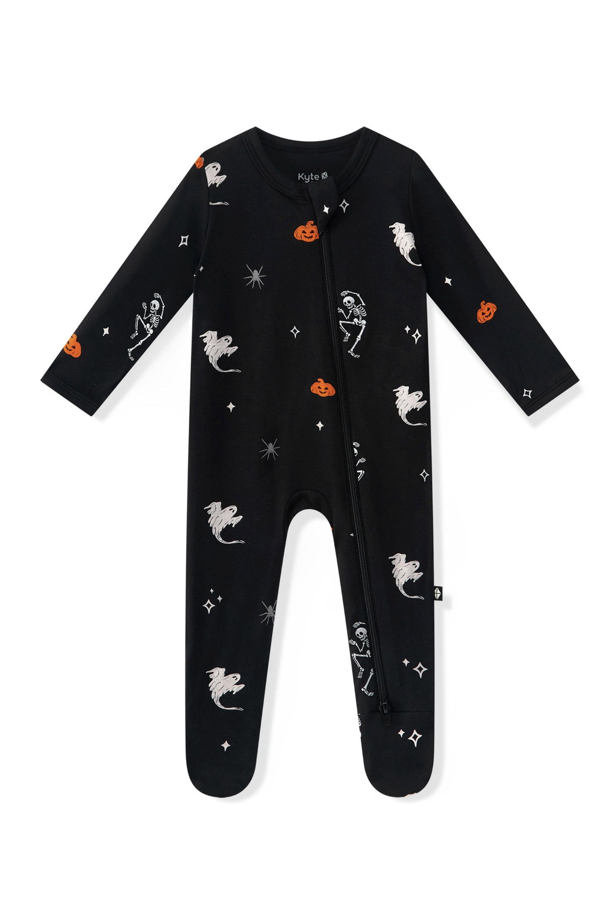 Black Zippered Footie in Halloween Friends print on a white background