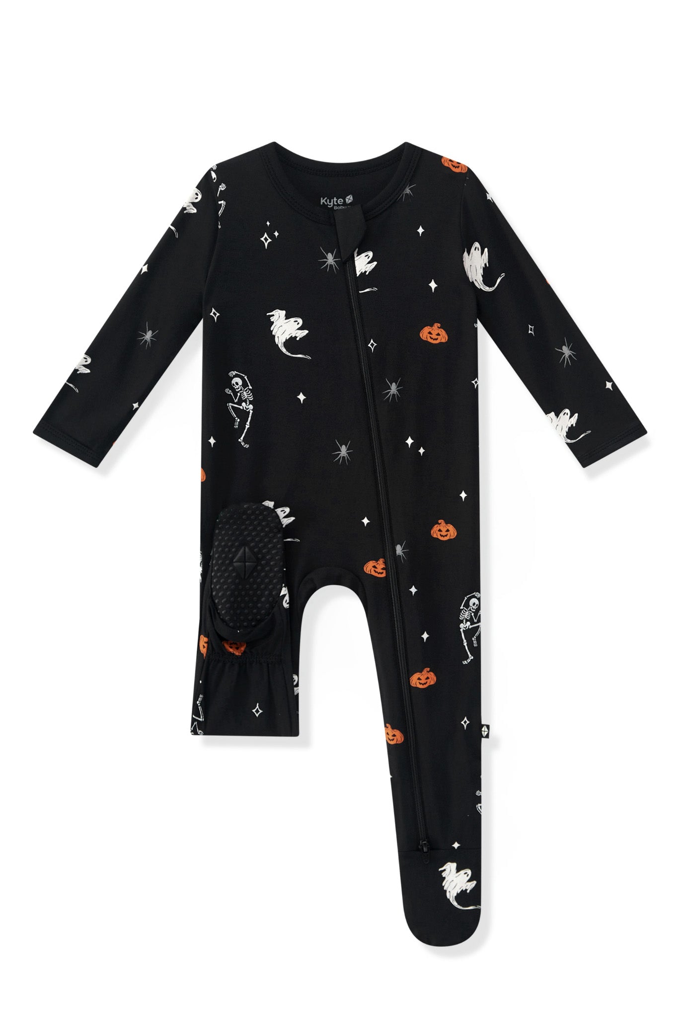 Black Zippered Footie in Halloween Friends print on a white background