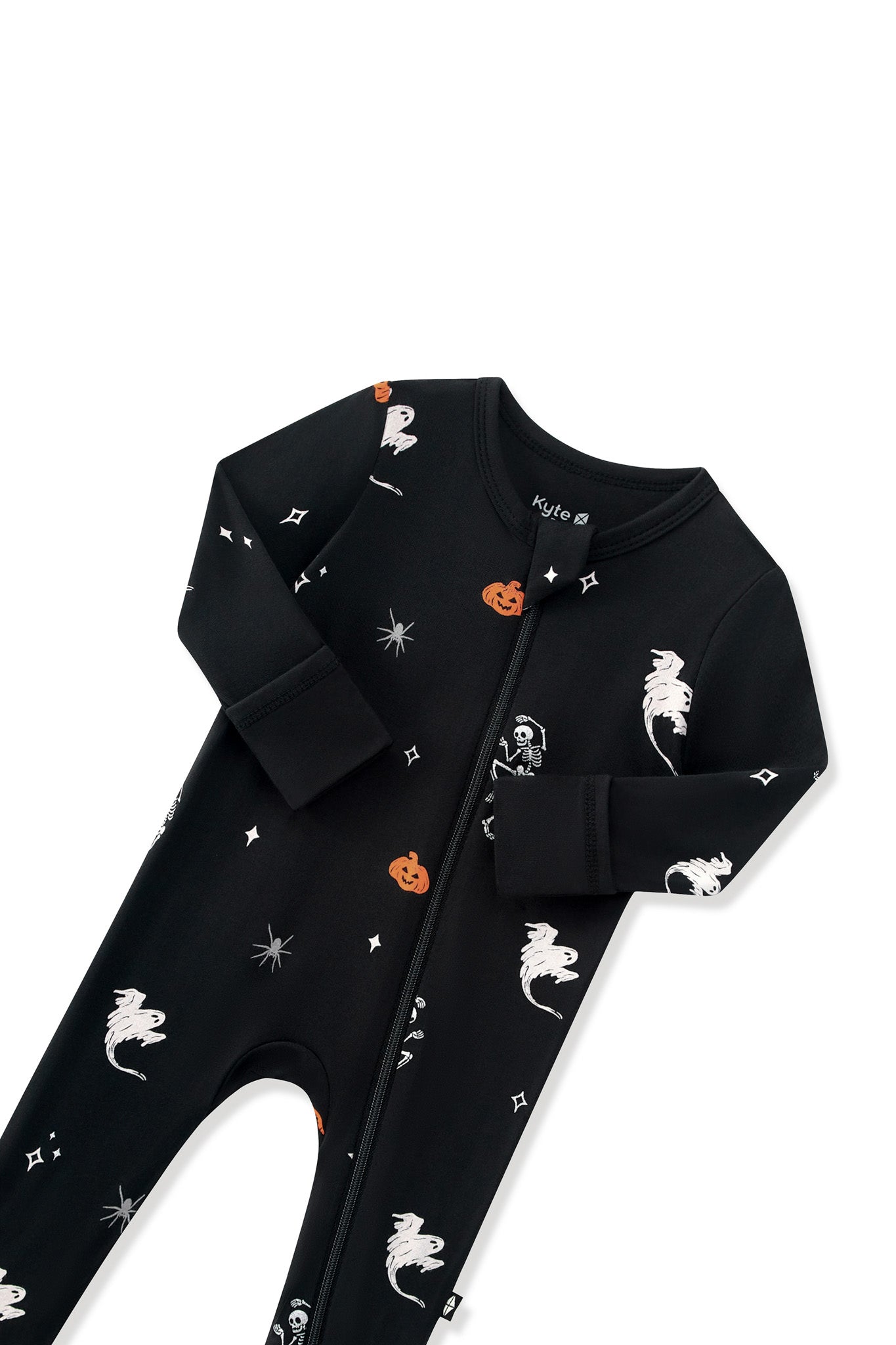 Black Zippered Footie in Halloween Friends print with zipper garage on a white background