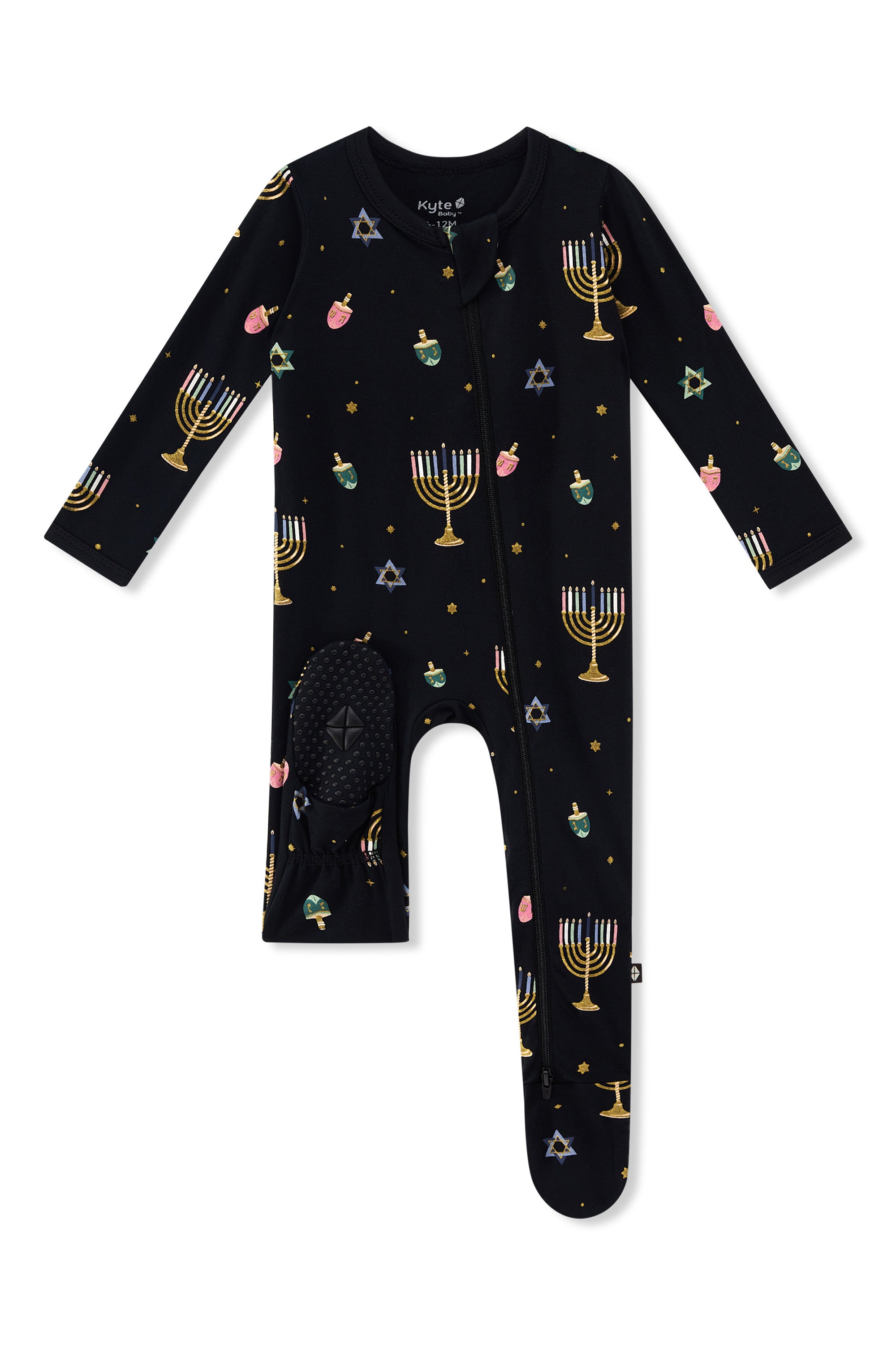 Black Zippered Footie in Hanukkah Nights print with dotted footie on a white background