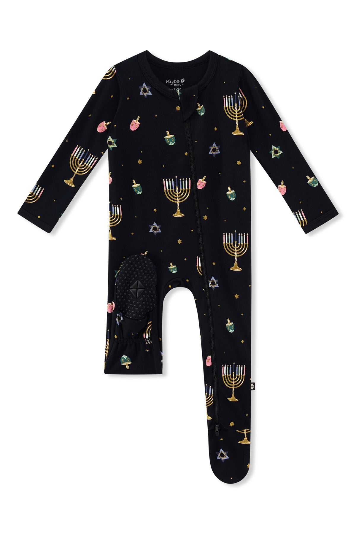 Black Zippered Footie in Hanukkah Nights print with dotted footie on a white background