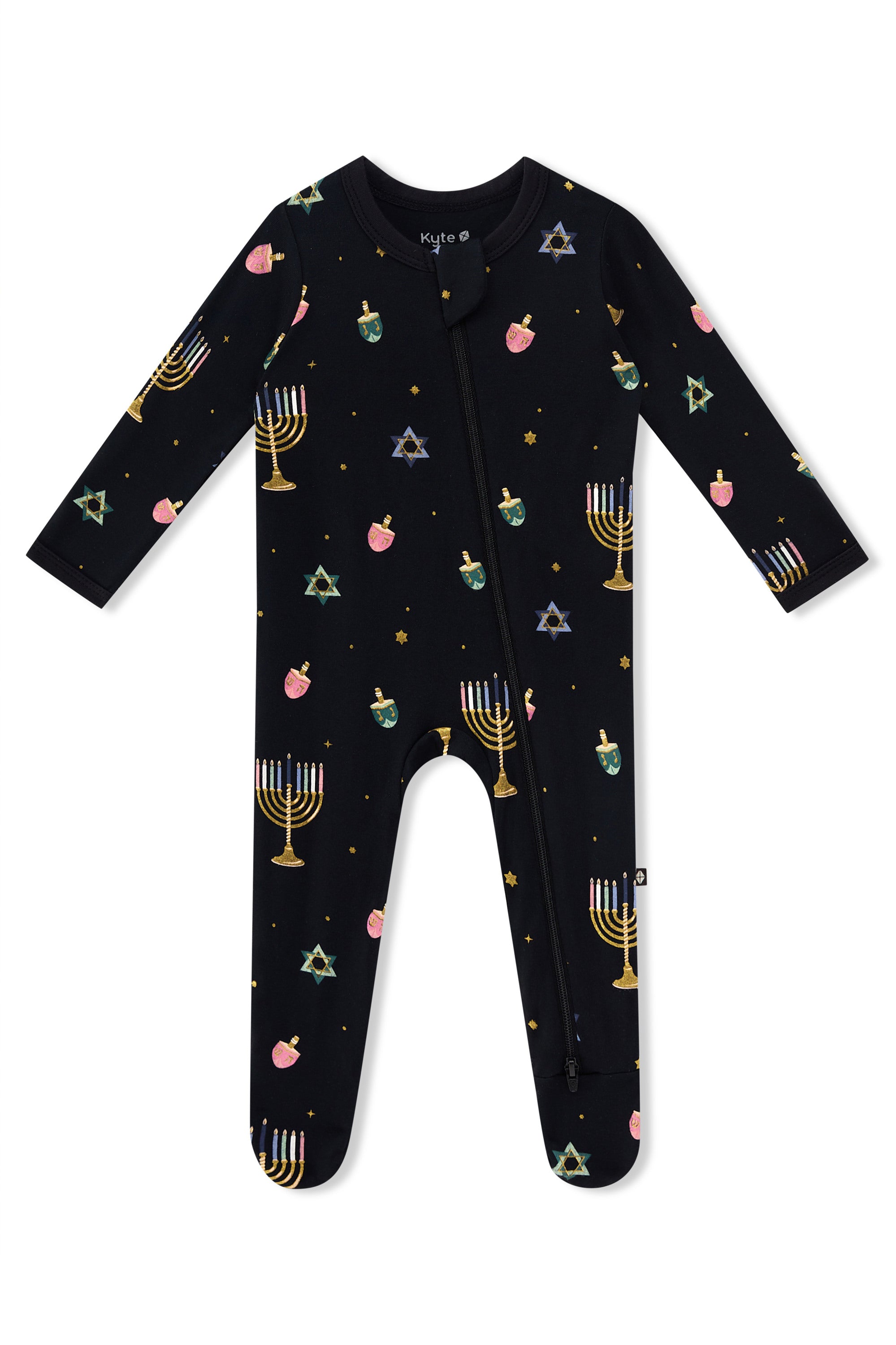 Black Zippered Footie in Hanukkah Nights print on a white background
