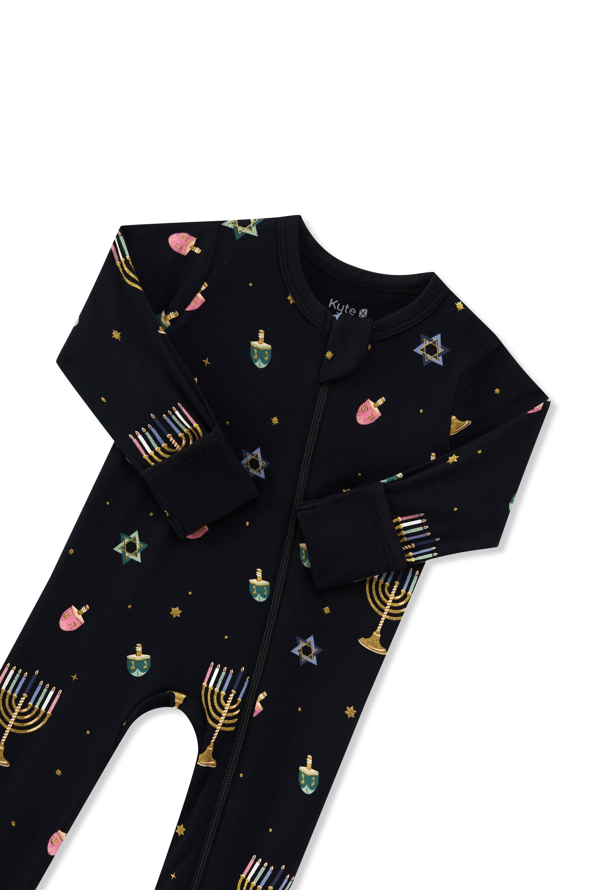 Black Zippered Footie in Hanukkah Nights print with zipper garage on a white background