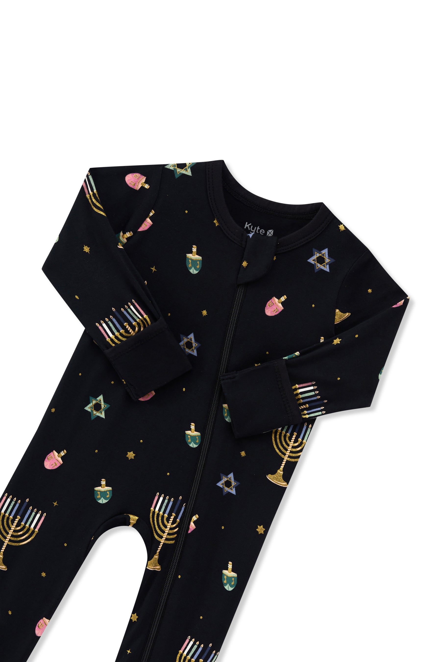 Black Zippered Footie in Hanukkah Nights print with zipper garage on a white background