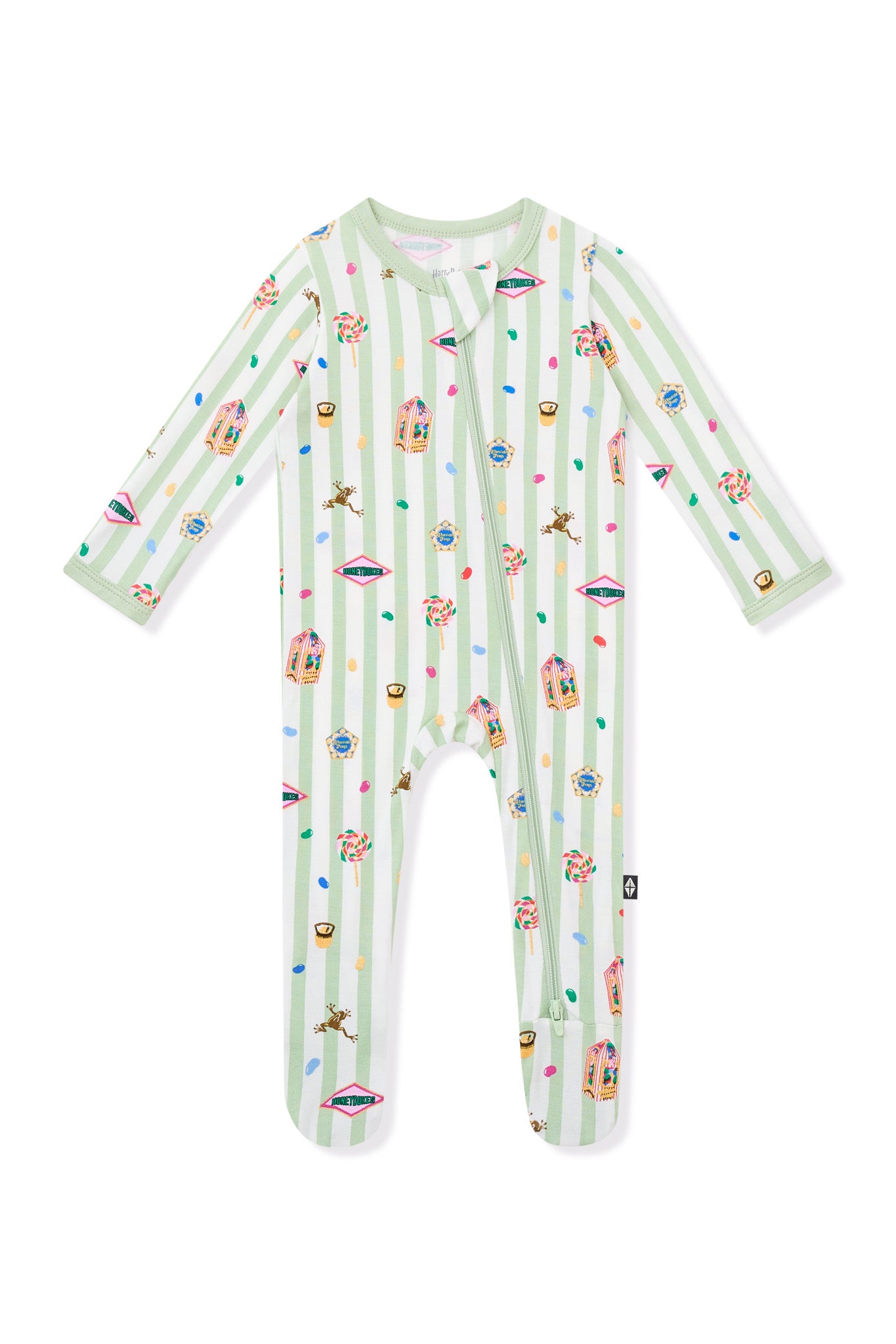 Green and white striped zippered footie with colorful Harry Potter patterns on a white background