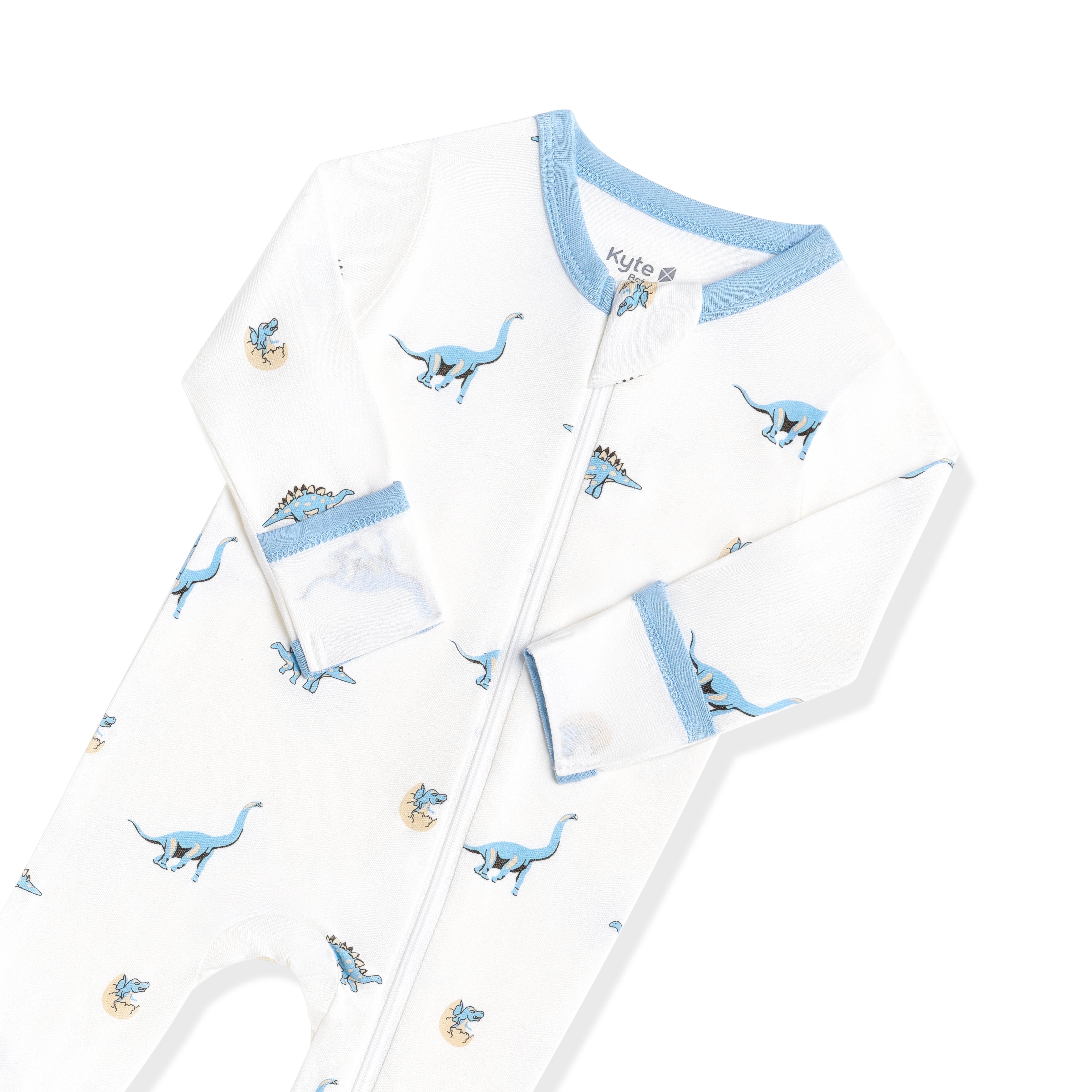 Zipper garage and fold over hand cuffs on the Zippered Footie in Jurassic