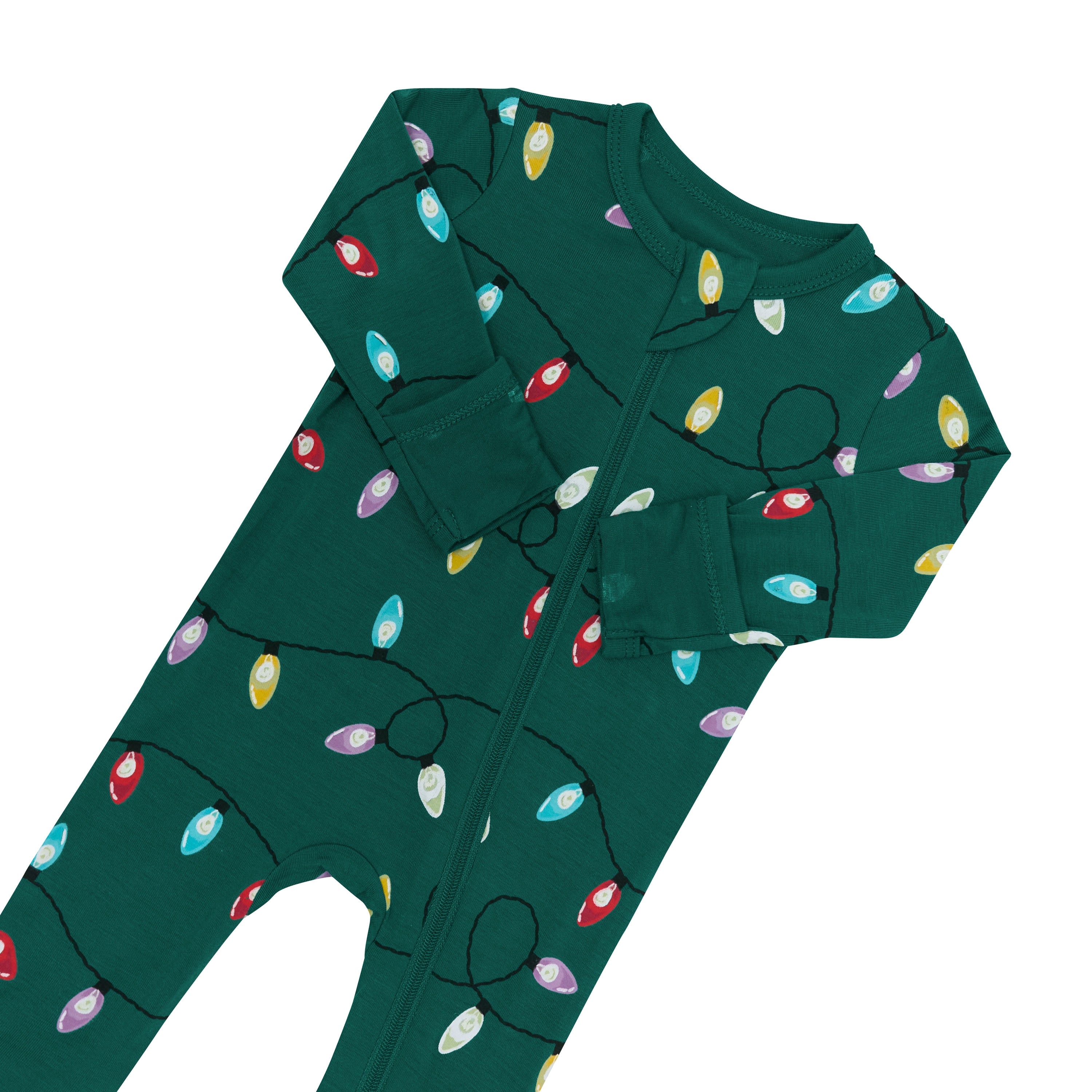 Close up of the zipper garage and fold over hand cuffs shown on the Zippered Footie in Merry and Bright