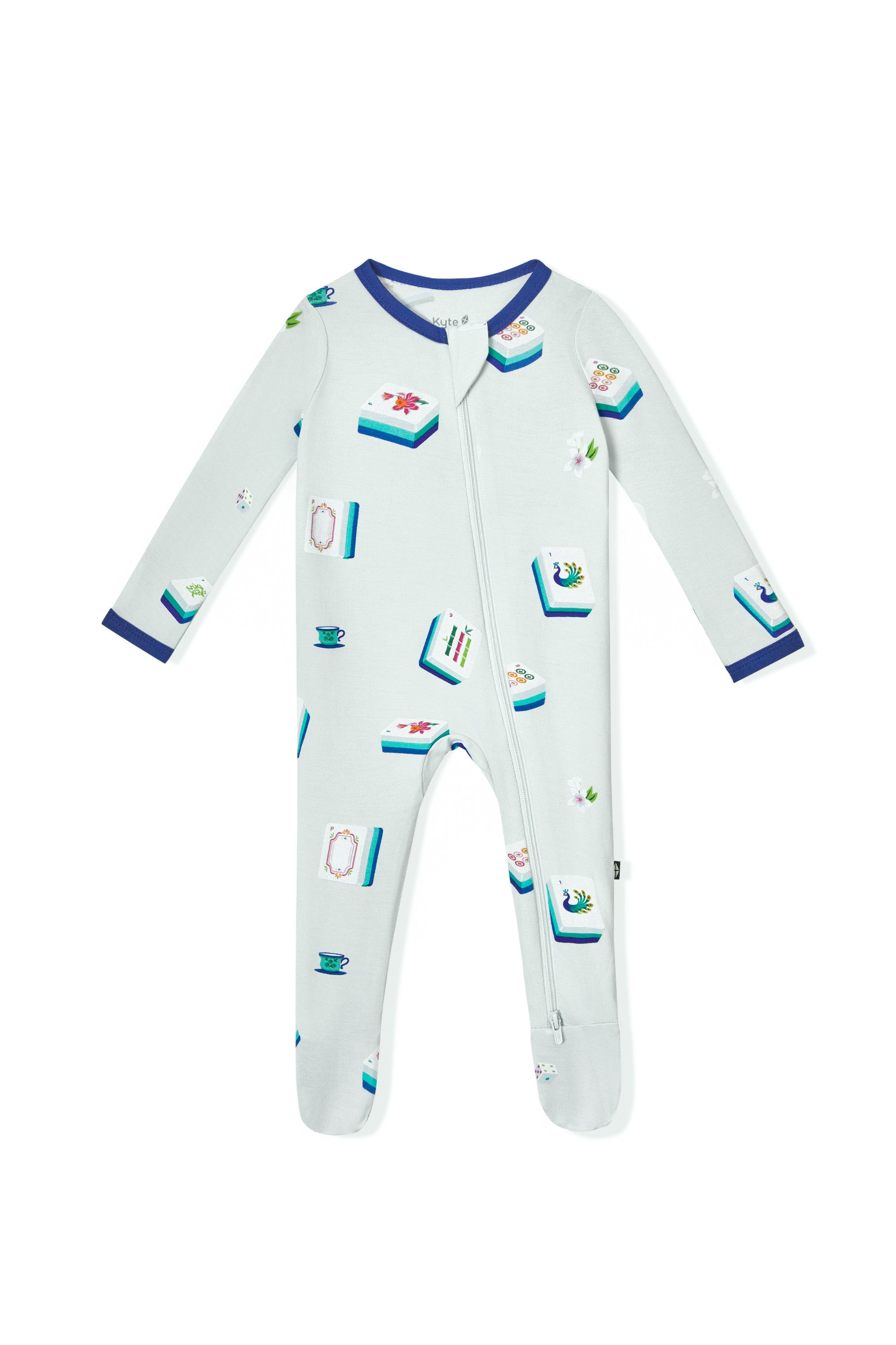 Blue Zippered Footie with Mahjong pattern on a white background