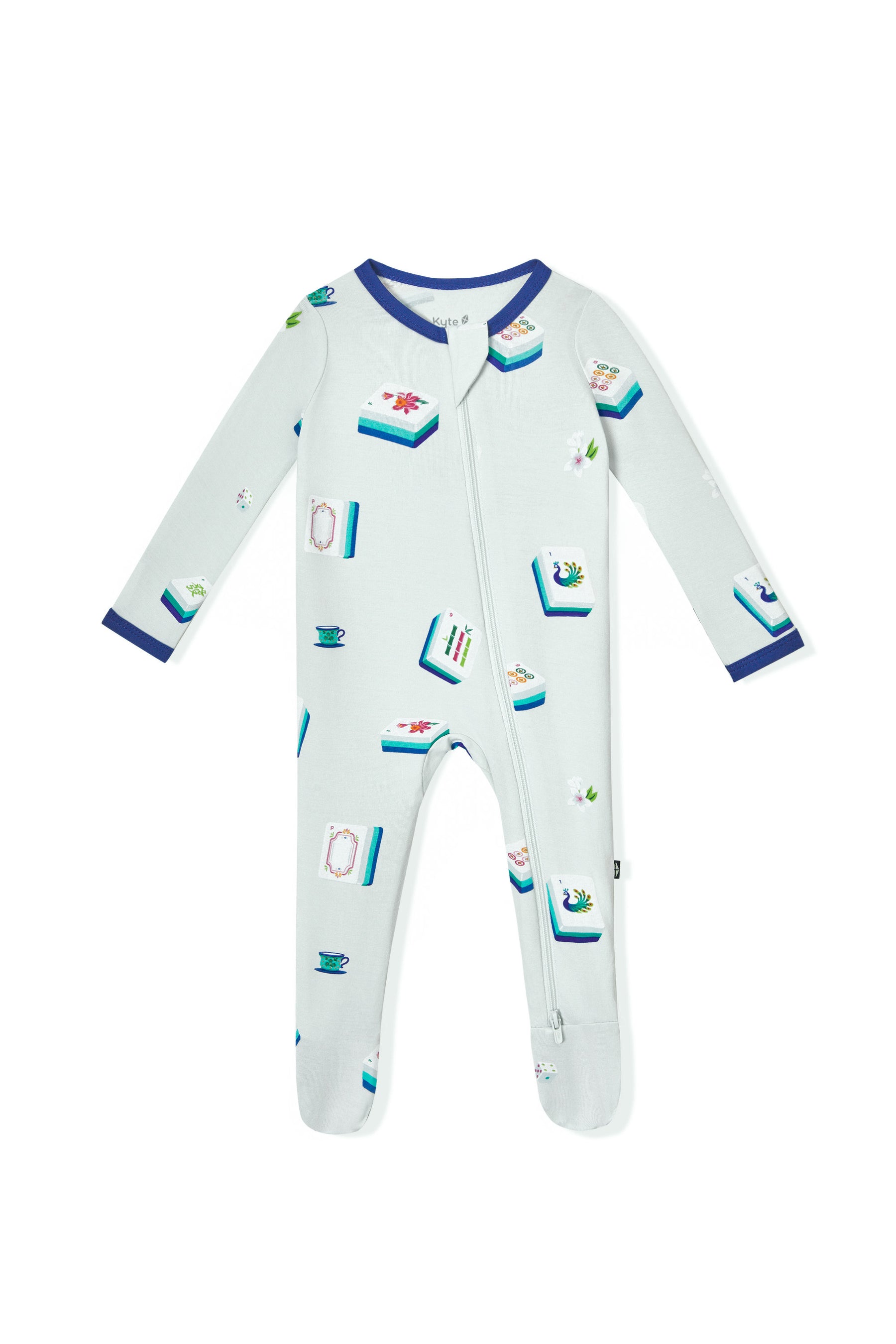Blue Zippered Footie with Mahjong pattern on a white background