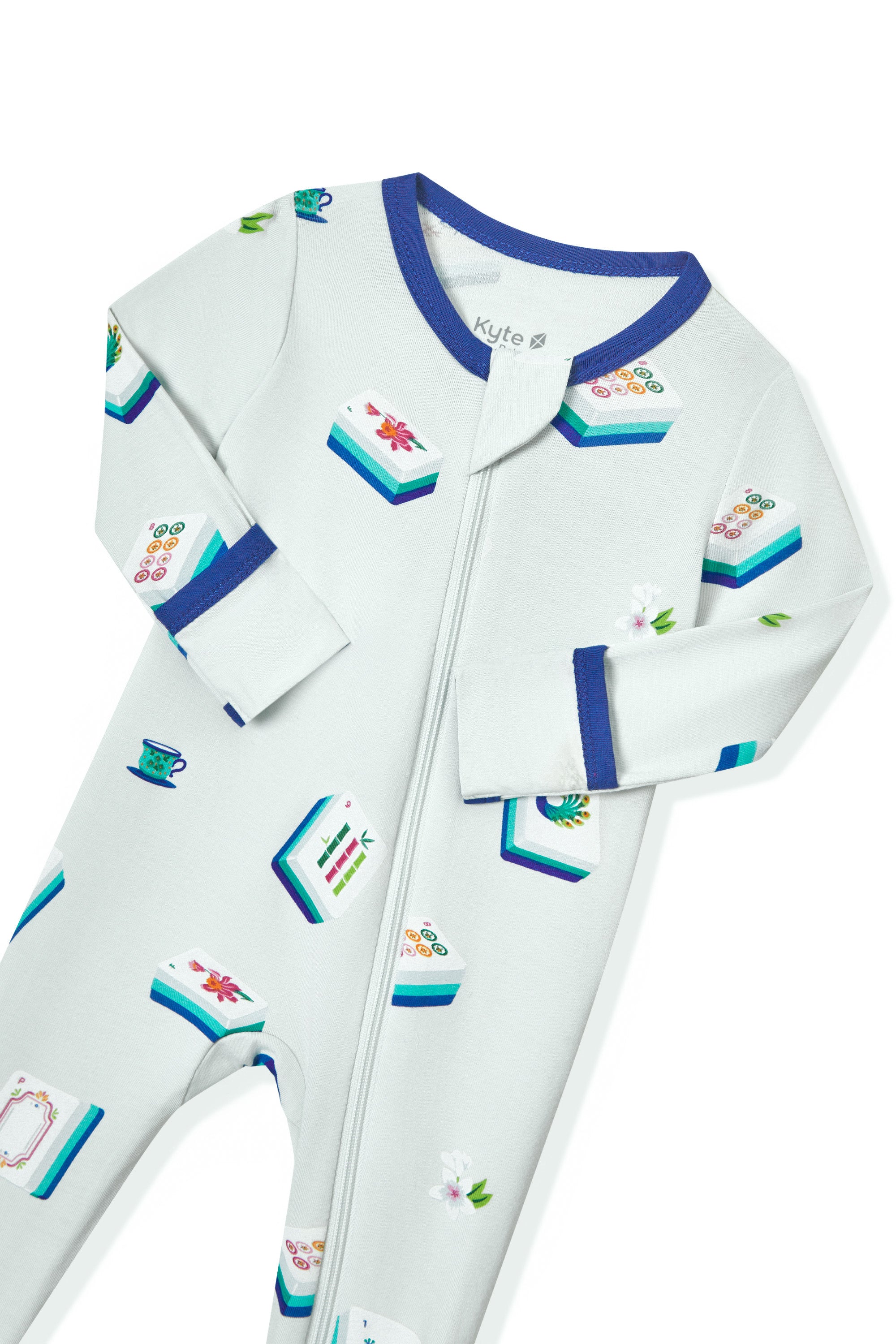 Blue Zippered Footie with zipper garage in Mahjong pattern on a white background